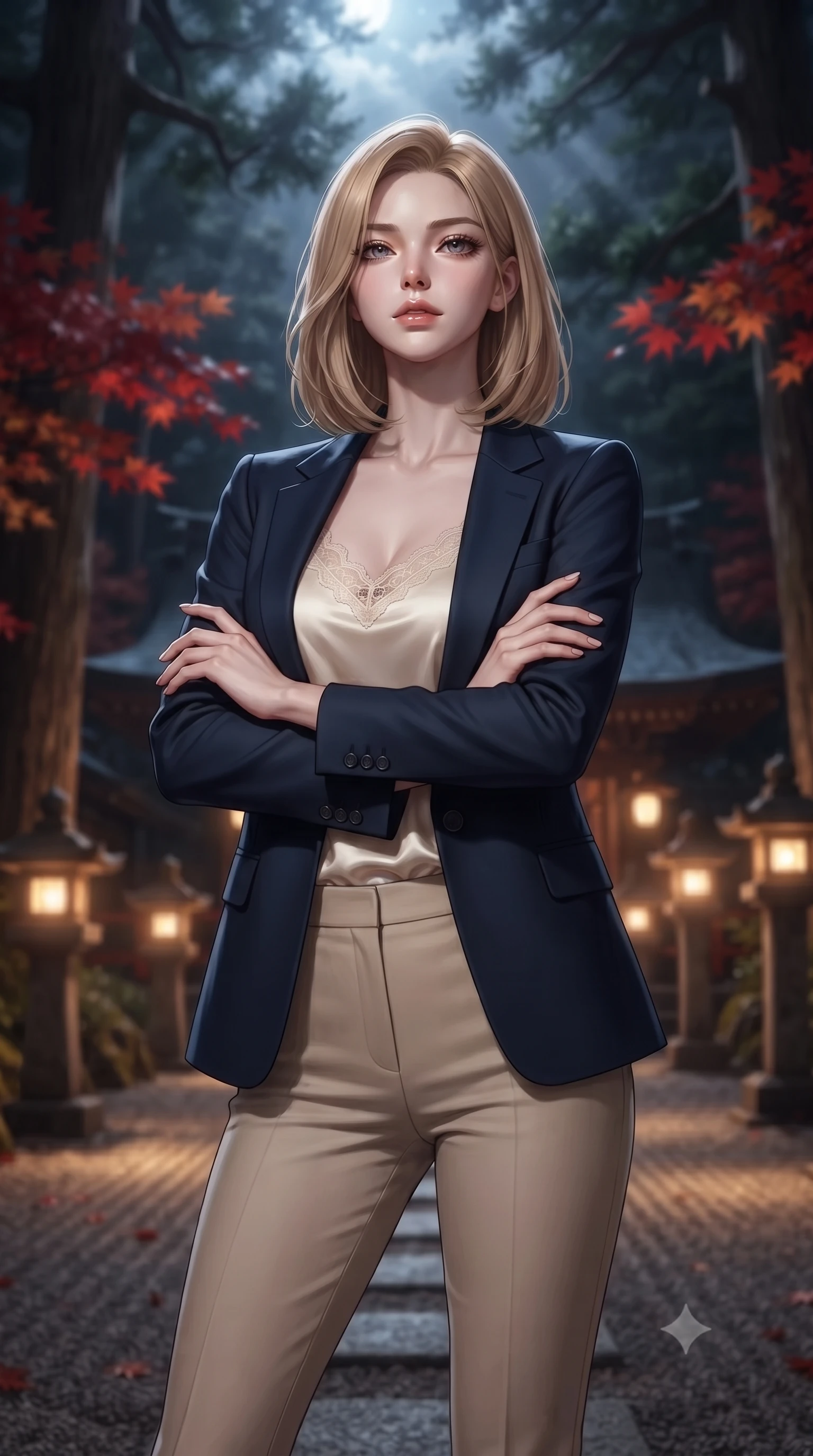 score_9, masterpiece, best quality, ultra-detailed, high-budget anime keyframe, editorial fashion photography, tasteful artistic composition, Korean woman. close-up cowboy shot from the waist and thighs up, the character dominates the composition, filling the frame with her large presence, background elements kept in soft focus. Crossing her arms with serene confidence and chin slightly raised. set against a soft-focus background of a traditional Japanese Shinto shrine courtyard at night with stone lanterns casting warm pools of light ancient cedar trees autumn maple leaves in brilliant red and a raked gravel garden gleaming in moonlight. She has an exceptionally elegant and slender, willowy female figure with an ultra-slim waist, a gracefully sculpted slender torso, and a refined slim physique. sharp v-shaped jawline, high-bridge nose, intricate jewel-like eyes with depth, thick eyelashes, glossy lips with a natural sheen. wearing a cream satin camisole with delicate lace trim, layered under a structured navy blazer and beige trousers. warm amber light from stone lanterns at ground level mixed with cool silver moonlight from above creating a serene Japanese atmosphere with deep contrasting shadows. 2k, ultra detail, master piece, 9:16 ratio