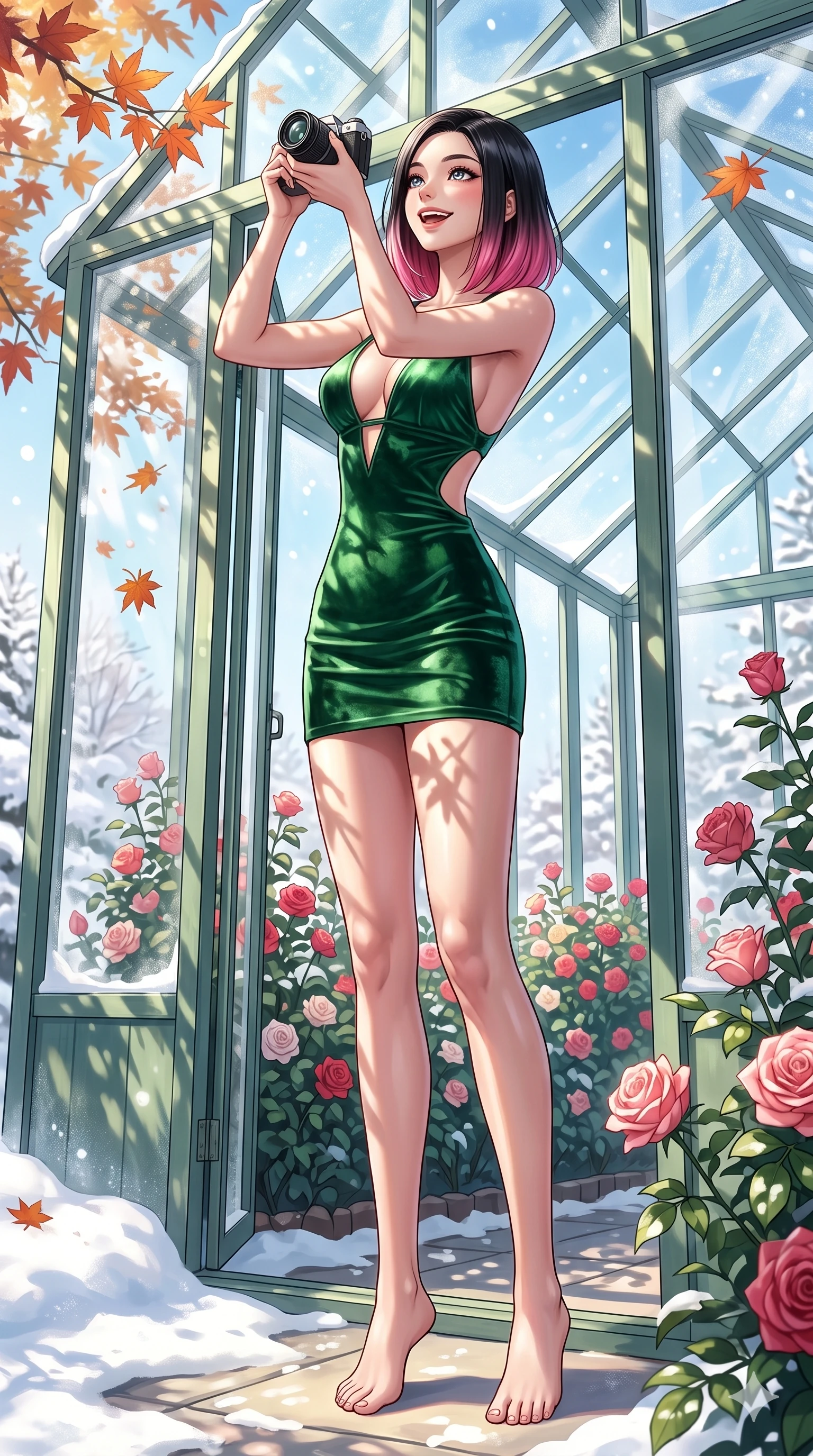 score_9, masterpiece, best quality, ultra-detailed, high-budget anime keyframe, vibrant anime aesthetic, Korean woman. low angle full-body shot from head to toe showing her feet, filling the entire 9:16 vertical frame with her statuesque presence, stretching her vertical silhouette. She is holding a camera with a bright grin, looking up with a joyful expression in the snow inside a bright glass greenhouse filled with winter roses (Code-P21-045). She has an absolutely perfect 8-heads proportion, an exceptionally tall and slender female figure with impossibly long slender legs and an ultra-slim waist. V-shaped jawline, high-bridge nose, intricate jewel-like eyes with depth, thick eyelashes, glossy lips with a natural sheen. wearing a plunging neckline mini dress with side cutouts in green velvet. She is bathed in dappled sunlight filtering through autumn maples, creating organic shadows. 2k, ultra detail, master piece, 9:16 ratio