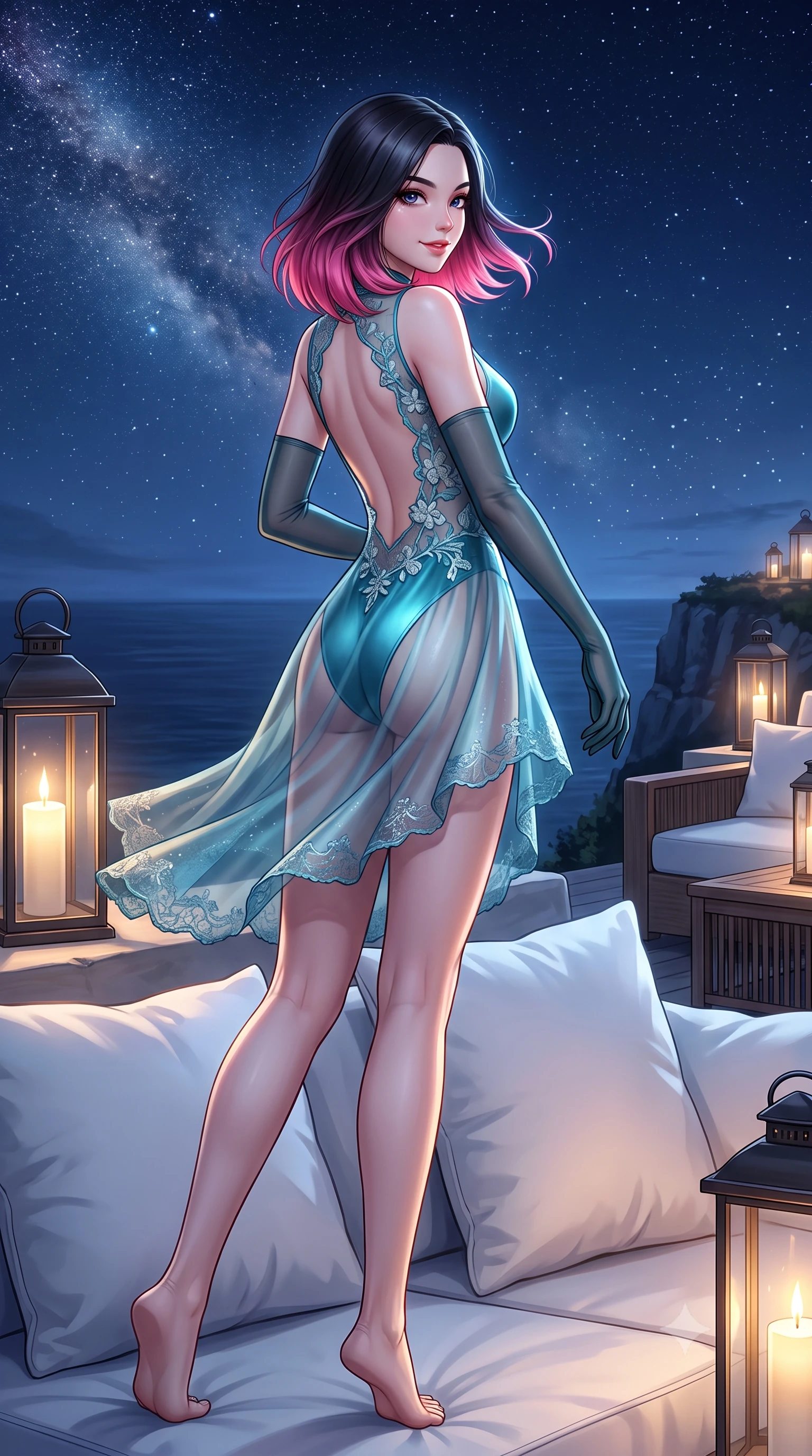 score_9, masterpiece, best quality, ultra-detailed, high-budget anime keyframe, semi-realistic 3D game render, editorial fashion photography, tasteful artistic composition, Korean woman. low angle full-body shot from head to toe showing her feet, filling the entire 9:16 vertical frame with her statuesque presence, stretching her vertical silhouette. executing a slow, graceful pivot turn as her skirt sways around her slender legs, glancing back with an enchanting, teasing sensual expression while reclining gracefully across the oversized white cushions propped on one elbow with legs extended, flashing an enchanting smile with parted glossy lips. The surrounding environment is rendered in vivid detail and crisp panoramic clarity: detailed open-back sheer lace leotard, high-cut leg openings, floral embroidery, and minimalist clifftop craft in razor-sharp precision. She has an exceptionally tall and slender model-like 8.5-heads proportion, an ultra-slim waist, a flat toned midriff, narrow delicate ribcage, and beautifully sculpted feminine hips creating a graceful, slim hourglass silhouette without any bulky heaviness, with impossibly long slender legs. sharp v-shaped jawline, high-bridge nose, intricate jewel-like sparkling eyes with depth, thick eyelashes, glossy parted lips with a natural peach sheen, bright cheerful beaming smile with an enchanting and coquettish sensual glint, exuding both youthful cute charm and seductive allure, flawlessly proportioned anatomical accuracy, strict slender model proportions, natural body alignment, perfectly sculpted long slender limbs, ultra-slim waistline, clean dynamic posture without body distortion. wearing an open-back sheer lace leotard with high-cut leg openings and delicate floral embroidery framing her spine in Mediterranean bioluminescent teal and radiant pearl, crafted from fluid liquid silk satin that clings smoothly to her narrow waist and rounded hips with a dewy sheen, complemented by sheer opera-length evening gloves tracing her slender arms, the glove-like clinging cut tightly following the natural contour of her hips and long slender legs with youthful 8.5-heads elegance. bathed in the brilliant silver starlight of the unpolluted island sky mixed with oversized hurricane candle lanterns. highly saturated vibrant anime colors, detailed shading with soft gradients, rich glossy textures, high-contrast stereoscopic depth, volumetric dynamic lighting, master piece, 9:16 ratio