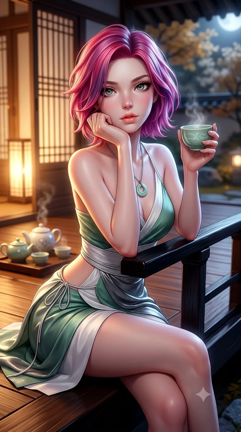 score_9, masterpiece, best quality, ultra-detailed, high-budget anime keyframe, semi-realistic 3D game render, editorial fashion photography, tasteful artistic composition, Caucasian woman. close-up cowboy shot from the waist and thighs up, the character dominates the composition, filling the frame with her large presence. resting one elbow on the lacquered balustrade and supporting her chin, leaning close to the camera with heavy-lidded sparkling eyes and parted lips while sitting gracefully on the polished veranda floor with one knee drawn up, holding a celadon teacup with parted glossy lips. The background shows a soft-focus glowing rice-paper changhoji lattice screens, steaming ceramic teapots, and distant autumn gardens blurred into amber, cream, and charcoal bokeh. She has an exceptionally elegant, slender, and willowy female figure with an ultra-slim waist, flat toned midriff, narrow ribcage, and sculpted feminine hips creating an alluring, slim hourglass silhouette without bulk. sharp v-shaped jawline, high-bridge nose, sparkling eyes with hypnotic seductive depth, thick curled eyelashes, glossy parted lips with a natural dewy peach sheen, alluring bedroom-eyes with an enchanting coquettish smile, exuding magnetic siren charisma and sophisticated glamour, flawlessly proportioned anatomical accuracy, strict slender model proportions, natural body alignment, perfectly sculpted long slender limbs, ultra-slim waistline, clean dynamic posture without body distortion. wearing an alluring low-slung modern hanbok wrap skirt with bare waist flanks and delicate silk cord ties in moonlit jade green and pure alabaster white with silver accents, made of liquid dark mercury jersey with seamless sculpting hold and fluid drape, finished with a minimalist celadon porcelain pendant on a fine silk cord, the bespoke structured tailoring following the natural line of her 8.5-heads silhouette with refined elegance. bathed in warm golden candlelight glowing from within the interior room mixed with cool moonlight fill. highly saturated vibrant anime colors, detailed shading with soft gradients, rich glossy textures, high-contrast stereoscopic depth, volumetric dynamic lighting, master piece, 9:16 ratio