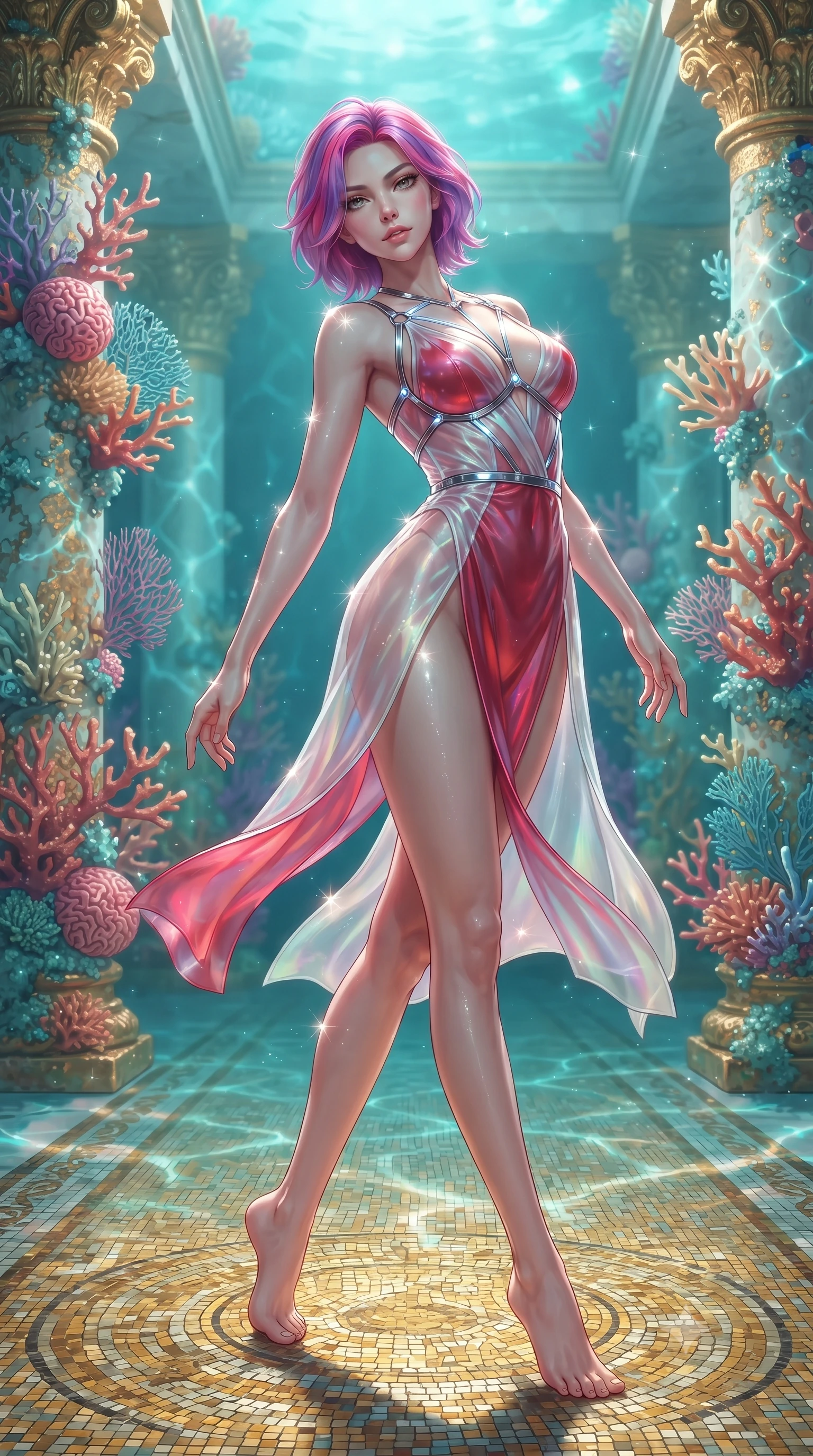 score_9, masterpiece, best quality, ultra-detailed, high-budget anime keyframe, editorial fashion photography, tasteful artistic composition, Caucasian woman. low angle full-body shot from head to toe showing her feet, filling the entire 9:16 vertical frame with her statuesque presence, stretching her vertical silhouette. arching her back in a fluid zero-gravity turn with sovereign grace, her long slender legs and sculpted torso creating a sweeping line while stepping along a coral-encrusted golden colonnade with an alluring, bedroom-eyed glance into the lens. The surrounding environment is rendered in vivid detail and crisp panoramic clarity. intricate gold mosaic floor patterns, sharp coral branch textures, and glowing aquatic caustics in deep focus. She has an absolutely perfect, statuesque 8.5-heads proportion, an exceptionally tall and slender model-like female figure with impossibly long slender legs, a toned flat midriff, and an ultra-slim waist. sharp v-shaped jawline, high-bridge nose, intricate jewel-like eyes with depth, thick eyelashes, glossy lips with a natural sheen, flawlessly proportioned anatomical accuracy, strict slender model proportions, natural body alignment, perfectly sculpted long slender limbs, ultra-slim waistline, clean dynamic posture without body distortion. wearing a translucent iridescent organza wrap dress with structured bustier boning, plunging neckline, and high-cut dual leg slits in radiant crimson silk and crisp snow white, made of liquid metal jersey that clings flawlessly to every contour of her build, reinforced by a sleek metallic chrome harness and delicate glowing micro-straps, the form-contouring material adhering flawlessly to her sculpted flat midriff and slender torso, emphasizing her long leg lines and perfectly proportioned willowy build. illuminated by soft turquoise ambient fill and sparkling specular highlights tracing her slender curves. ultra-reflective glossy finish, specular highlights, metallic sheen, high-contrast stereoscopic depth, volumetric dynamic lighting, 2k, ultra detail, master piece, 9:16 ratio