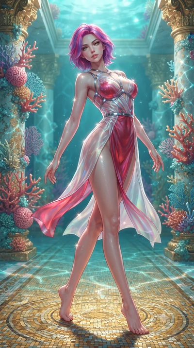 score_9, masterpiece, best quality, ultra-detailed, high-budget anime keyframe, editorial fashion photography, tasteful artistic composition, Caucasian woman. low angle full-body shot from head to toe showing her feet, filling the entire 9:16 vertica