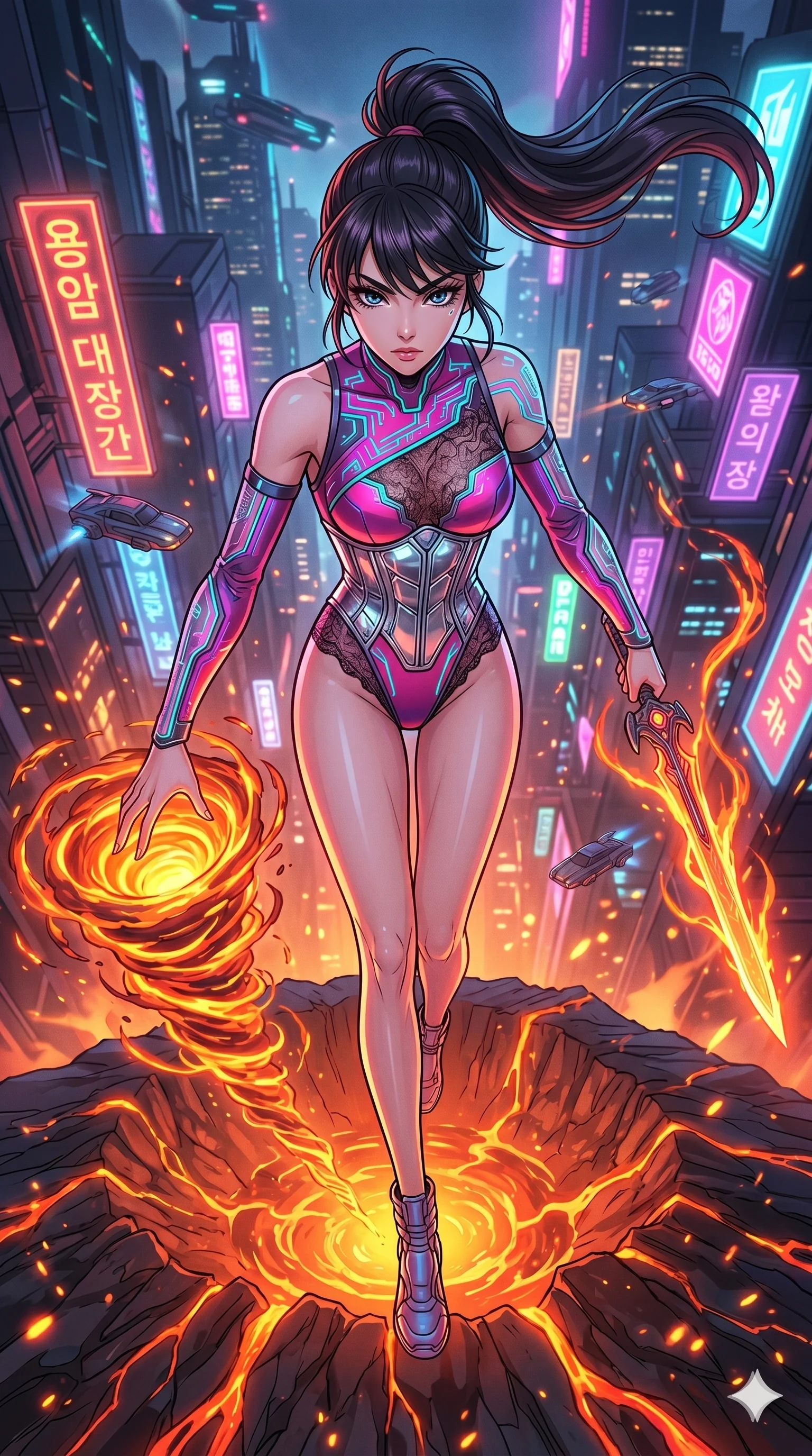 score_9, masterpiece, best quality, ultra-detailed, high-budget anime movie keyframe, cinematic anime lighting, intricate line art, Korean woman. Extreme high angle shot as she leaps towards the camera, filling the frame. manipulating the heat of a volcano to forge a new weapon. She has an absolutely perfect 8-heads proportion, an exceptionally tall and slender female figure with an ultra-slim waist and impossibly long slender legs. strictly human anatomy, two legs only, no extra limbs, clearly defined legs and arms, perfect anatomy, perfect hands and fingers. sharp v-shaped jawline, high-bridge nose, intricate jewel-like eyes, thick eyelashes, glossy lips. Wearing Cyber-Tech Legacy: Asymmetrical high-cut tech-bodysuit with detached sleeves and chrome-plated corset over sheer lace. The scene is illuminated by dramatic atmospheric lighting and vibrant color palettes. , 2k, ultra detail, master piece, 9:16 ratio