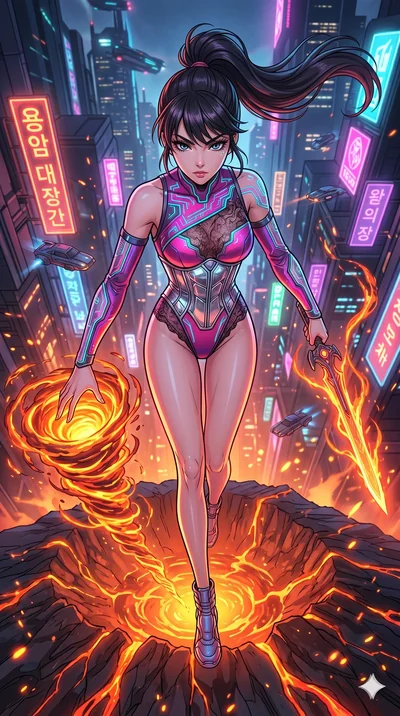 score_9, masterpiece, best quality, ultra-detailed, high-budget anime movie keyframe, cinematic anime lighting, intricate line art, Korean woman. Extreme high angle shot as she leaps towards the camera, filling the frame. manipulating the heat of a v