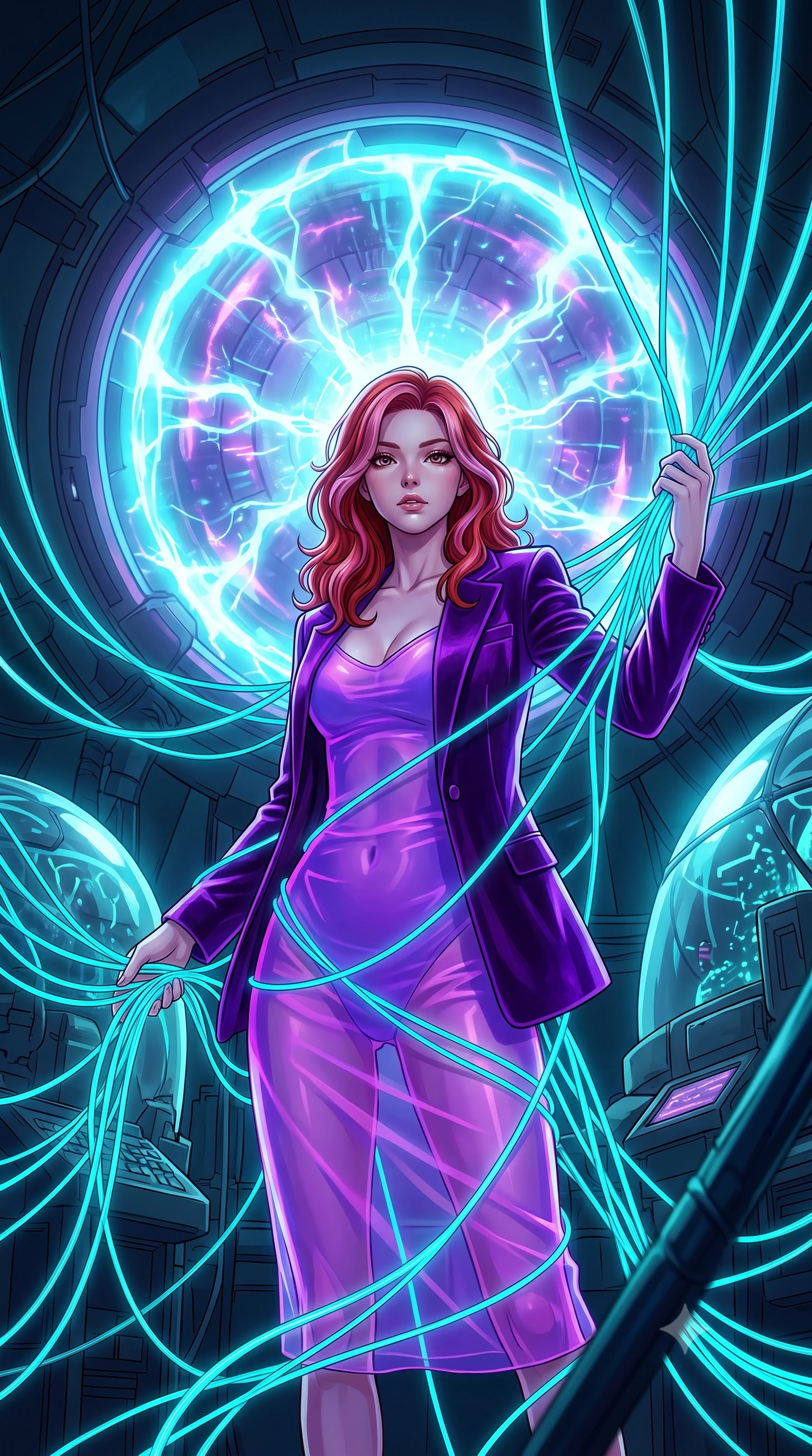score_9, masterpiece, best quality, ultra-detailed, High-budget Anime Keyframe, Caucasian woman, strictly human ears. Low angle cowboy shot filling the entire 9:16 frame with her statuesque presence. Scenario 515: tangled in a web of glowing cyan fiber-optic cables inside a secret bio-dome containing a giant glowing fusion reactor. Her presence is magnetic and overpowering in this high-budget anime scene. Outfit 515: a form-contouring neon violet sheer organza slip dress layered under a structured velvet blazer. The clothing is designed to emphasize her exceptionally tall and slender 8-heads proportion. 8-heads proportion, towering silhouette, ultra-slim waist. sharp v-shaped jawline, intricate jewel-like eyes with depth, thick eyelashes, glossy lips. 2k, ultra detail, master piece, 9:16 ratio