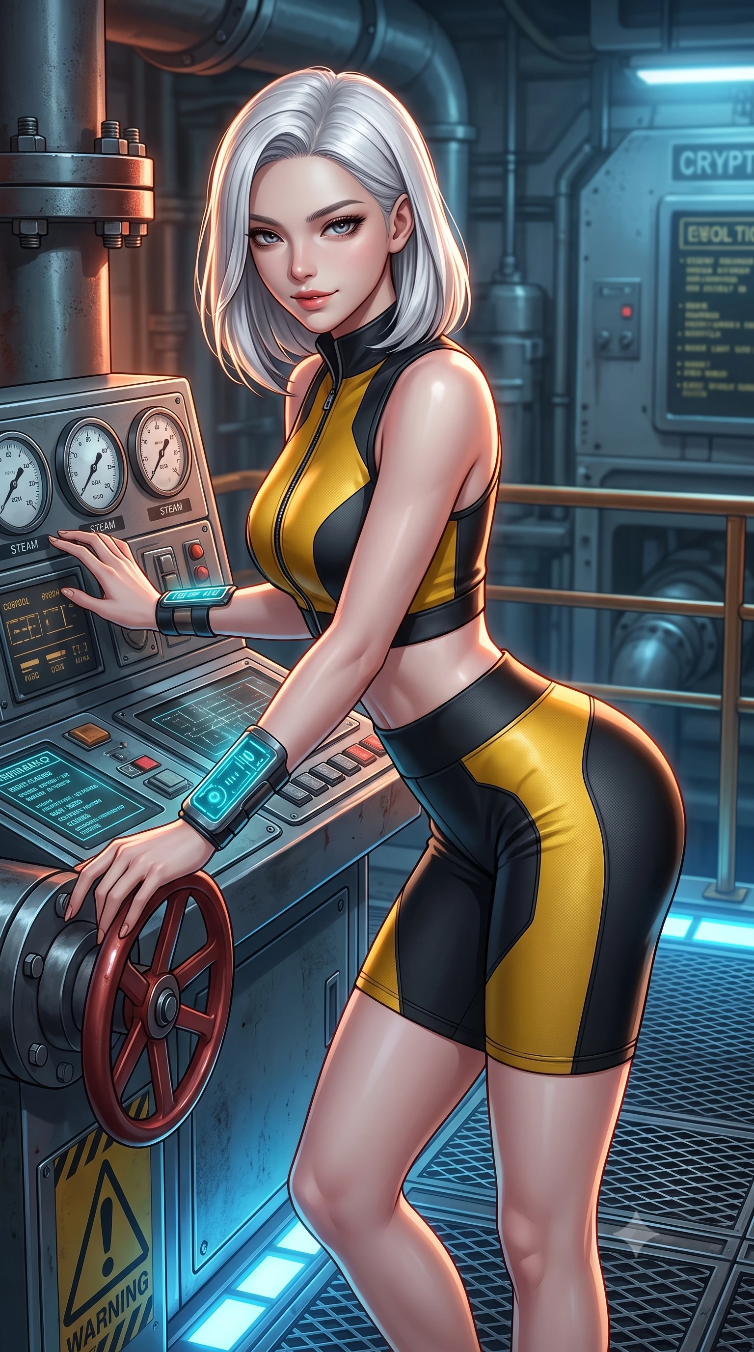score_9, masterpiece, best quality, ultra-detailed, high-budget anime keyframe, semi-realistic 3D game render, editorial fashion photography, tasteful artistic composition, Korean woman. close-up cowboy shot from the waist and thighs up, the character dominates the composition, filling the frame with her large presence. leaning forward over the illuminated command console while arching her lower back to accentuate her curvy hips, looking into the camera with a confident smoldering smile and intense bedroom-eyes while resting one hand on the control valve wheel while glancing back, her tight thermal combat suit hugging her narrow waist and curvy hips. The surrounding environment is rendered in vivid detail and crisp panoramic clarity: sharp heavy pipe flange bolts, steel catwalk grating textures, and steam pressure dial clarity in deep focus. She has an exceptionally elegant, slender, and willowy female figure with an ultra-slim waist, flat toned midriff, narrow ribcage, and sculpted feminine hips creating an alluring, slim hourglass silhouette without bulk. sharp v-shaped jawline, high-bridge nose, intricate jewel-like sparkling eyes with depth, thick eyelashes, glossy parted lips with a natural sheen, bright confident smile with an enchanting and coquettish sensual glint, exuding both youthful magnetic charm and sovereign high-tech allure, flawlessly proportioned anatomical accuracy, strict slender model proportions, natural body alignment, perfectly sculpted long slender limbs, ultra-slim waistline, clean dynamic posture without body distortion. wearing a sleek two-piece combat athletic set with a zip-front mock-neck crop top and contouring biker shorts hugging her curvy hips in industrial hazard yellow and matte carbon black, made of supple second-skin compression stretch jersey clinging flawlessly to her form, featuring sleek glowing cyan HUD display wrist cuffs with floating data telemetry, the high-waisted tailoring accentuating her ultra-slim waistline and the enchanting curve of her feminine hips with alluring dark charm. illuminated by floor warning lights and sharp copper rim lighting sculpting her razor-sharp jawline, narrow waist, and curvy hips. highly saturated vibrant anime colors, detailed shading with soft gradients, rich glossy textures, high-contrast stereoscopic depth, volumetric dynamic lighting, master piece, 9:16 ratio