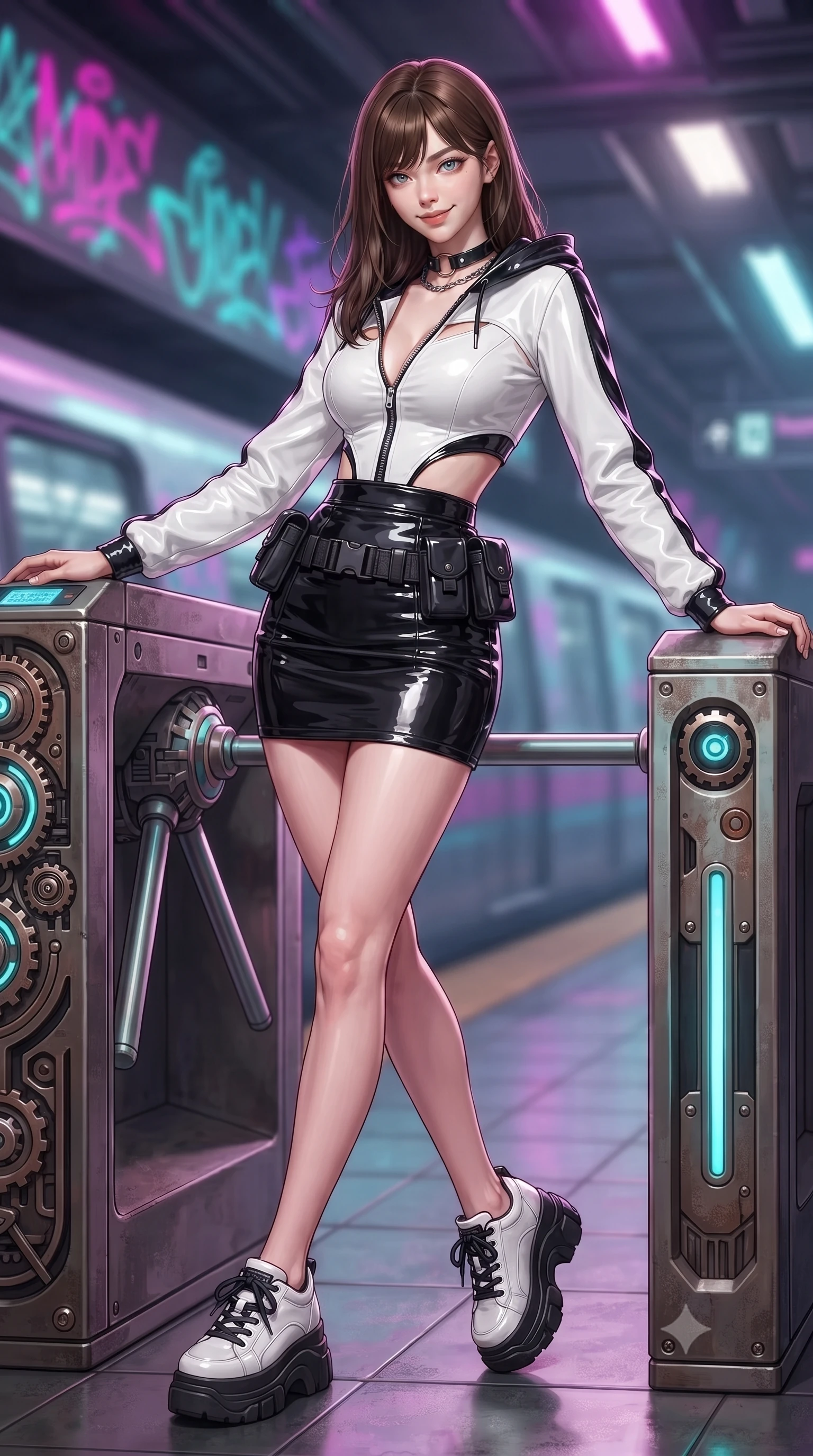 score_9, masterpiece, best quality, ultra-detailed, high-budget anime keyframe, editorial fashion photography, tasteful artistic composition, Korean woman. low angle full-body shot from head to toe showing her feet, filling the entire 9:16 vertical frame with her statuesque presence, stretching her vertical silhouette. executing an elegant mid-motion spin with effortless grace, her garments fluttering softly around her ultra-slim waistline while leaning against a retro-futuristic metallic subway turnstile with a fierce, rebellious streetwear smirk. The composition keeps background elements in soft focus with creamy bokeh. speeding maglev train motion blur and glowing neon graffiti tags blurred into vivid magenta, cyan, and violet bokeh. She has an absolutely perfect, statuesque 8.5-heads proportion, an exceptionally tall and slender model-like female figure with impossibly long slender legs, a toned flat midriff, and an ultra-slim waist. sharp v-shaped jawline, high-bridge nose, intricate jewel-like eyes with depth, thick eyelashes, glossy lips with a natural sheen, captivating and magnetic expression, flawlessly proportioned anatomical accuracy, strict slender model proportions, natural body alignment, perfectly sculpted long slender limbs, ultra-slim waistline, clean dynamic posture without body distortion. wearing a glossy patent-leather mini skirt paired with a zippered crop hoodie and tactical utility belt in high-contrast monochrome white and glossy black, tailored from second-skin aerodynamic stretch vinyl with specular sheen, accessorized with bold platform sneakers and silver chain choker, the precision-cut daring openings accentuating her delicate midriff, graceful bare collarbones, and ultra-slim feminine waistline. surrounded by an edgy, electrifying, and irresistibly cool cyber-street idol aura. ultra-reflective glossy finish, specular highlights, rich textural contrasts, high-contrast stereoscopic depth, volumetric dynamic lighting, 2k, ultra detail, master piece, 9:16 ratio