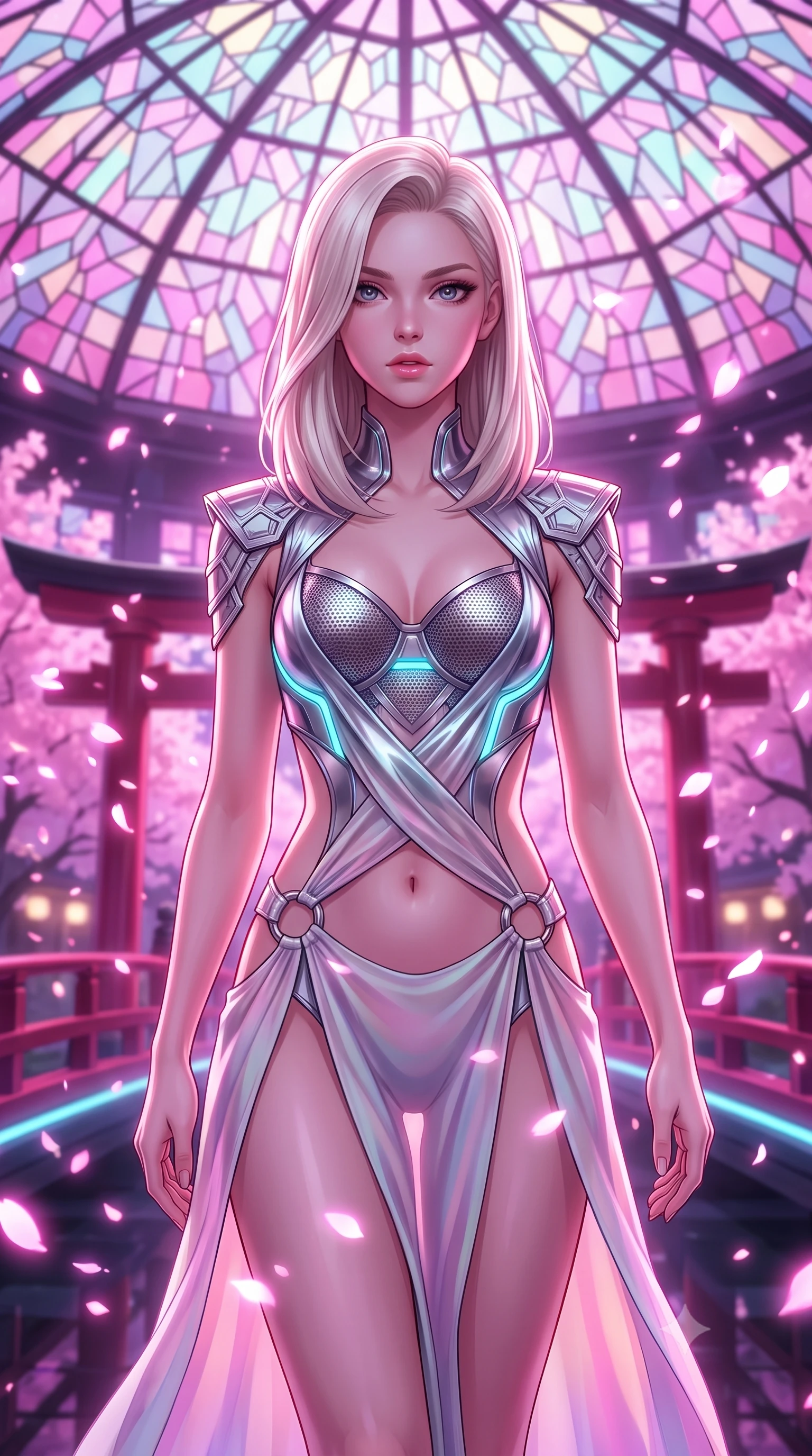 score_9, masterpiece, best quality, ultra-detailed, high-budget anime keyframe, semi-realistic 3D game render, editorial fashion photography, tasteful artistic composition, Caucasian woman. close-up cowboy shot from the waist and thighs up, the character dominates the composition, filling the frame with her large presence. looking into the camera lens with intense, captivating depth, softly parted glossy lips and thick eyelashes framing her ethereal gaze while striding gracefully beneath a soaring geometric cybernetic stained-glass dome as glowing pink digital sakura petals swirl around her. The composition keeps background elements in soft focus with creamy bokeh. traditional futuristic lacquered arches and neon bridges softened by shallow cinematic depth of field. She has an exceptionally elegant, slender, and willowy female figure with an ultra-slim waist, a gracefully sculpted slender torso, toned flat midriff, and a refined slim silhouette. sharp v-shaped jawline, high-bridge nose, intricate jewel-like eyes with depth, thick eyelashes, glossy lips with a natural sheen, flawlessly proportioned anatomical accuracy, strict slender model proportions, natural body alignment, perfectly sculpted long slender limbs, ultra-slim waistline, clean dynamic posture without body distortion. wearing a structured titanium-mesh bustier with geometric shoulder pauldrons and an ultra-slender liquid jersey drape in polished mirror chrome and glowing electric cyan neon, made of smooth flowing silk chiffon that shifts colors with movement, detailed with polished silver rings connecting the daring side-waist cutouts, the glove-like aerodynamic second-skin fit tightly clinging to her ultra-slender waist and athletic curves without adding bulk, accentuating her razor-sharp statuesque lines and slim hourglass silhouette. bathed in luminous magenta and rose-pink digital sakura backlighting with soft violet fill. rich saturated anime colors with glowing neon highlights, detailed shading with soft gradients, rich glossy textures, high-contrast stereoscopic depth, volumetric dynamic lighting, master piece, 9:16 ratio