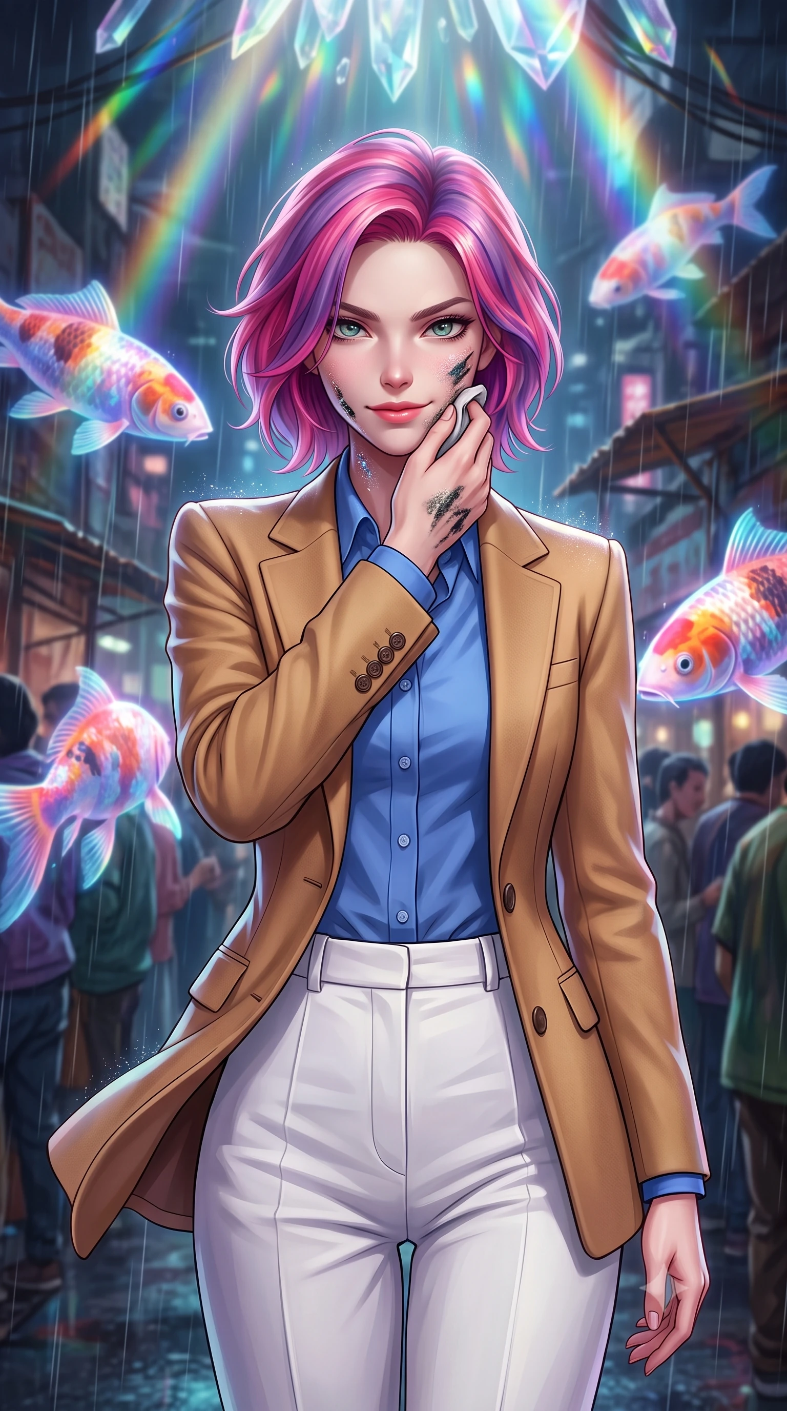 score_9, masterpiece, best quality, ultra-detailed, high-budget anime keyframe, editorial fashion photography, tasteful artistic composition, Caucasian woman, strictly human ears. close-up cowboy shot from the waist and thighs up, the character dominates the composition, filling the frame with her large presence, background elements kept in soft focus. Defiantly wiping oil and stardust from her jawline with a confident, victorious smirk. set against a soft-focus background of a crowded night market in a futuristic slum under heavy acid rain, massive holographic koi fish swimming in the air between rusty metal stalls. She has an exceptionally elegant and slender, willowy female figure with an ultra-slim waist, a gracefully sculpted slender torso, and a refined slim physique. sharp v-shaped jawline, high-bridge nose, intricate jewel-like eyes with depth, thick eyelashes, glossy lips with a natural sheen. wearing the lightweight fabric rippling and billowing dramatically with her movement, a form-contouring structured camel wool blazer over a French blue cotton button-down shirt and high-waisted white trousers. highly saturated vibrant anime colors, intense vivid color palette, soft 3D volumetric shading, volumetric dynamic lighting, cascading rainbow prismatic light refracting through crystal formations overhead. 2k, ultra detail, master piece, 9:16 ratio