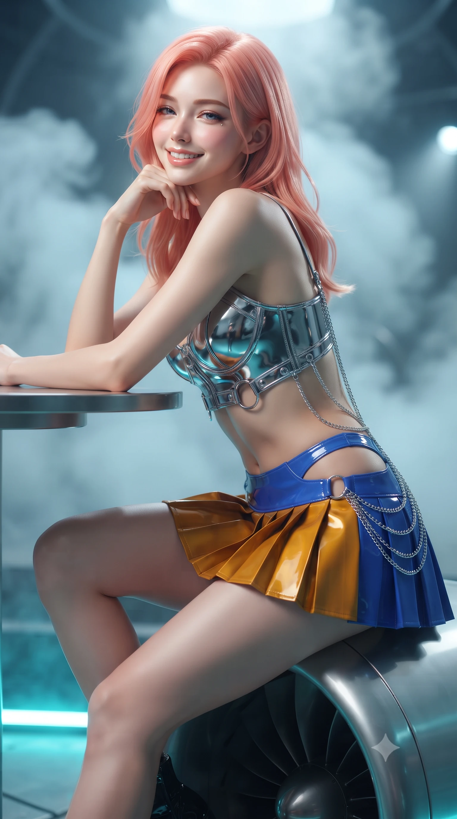 score_9, masterpiece, best quality, ultra-detailed, high-budget anime keyframe, editorial fashion photography, tasteful artistic composition, Japanese woman. close-up cowboy shot from the waist and thighs up, the character dominates the composition, filling the frame with her large presence. resting one elbow on the table and supporting her chin, leaning close to the camera with heavy-lidded sparkling eyes and parted lips while sitting poised on the polished composite turbine casing with one knee bent, arching her back with playful warrior flair and parted glossy lips. The background shows a soft-focus dense mineral thermal vapor softened in geothermal turbine cathedral shallow focus. She has an exceptionally elegant, slender, and willowy female figure with an ultra-slim waist, flat toned midriff, narrow ribcage, and sculpted feminine hips creating an alluring, slim hourglass silhouette without bulk. sharp v-shaped jawline, high-bridge nose, intricate jewel-like sparkling eyes with depth, thick eyelashes, glossy parted lips with a natural peach sheen, bright cheerful beaming smile with an enchanting and coquettish sensual glint, exuding both youthful cute charm and seductive allure, flawlessly proportioned anatomical accuracy, strict slender model proportions, natural body alignment, perfectly sculpted long slender limbs, ultra-slim waistline, clean dynamic posture without body distortion. wearing a chrome-plated tactical combat bustier top with reinforced underwire paired with a low-rise pleated micro combat skirt in Jovian storm amber and electric cobalt, adorned with delicate chrome ring hardware and cutouts along her slender waist, accented with an open-back drape framed by falling strands of delicate chrome chains, the liquid-tight tailored fabric clinging flawlessly to her narrow waist and rounded feminine hips, emphasizing every millimeter of her sculpted slim hourglass curves without any bulky heaviness. bathed in electric-cyan floor LED guide lights mixed with cold ambient 6000K turbine spotlights. ultra-reflective glossy finish, specular highlights, rich textural contrasts, high-contrast stereoscopic depth, volumetric dynamic lighting, 2k, ultra detail, master piece, 9:16 ratio