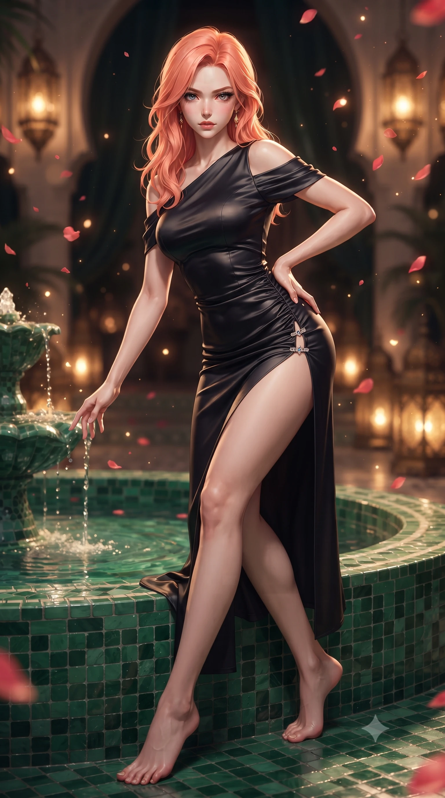 score_9, masterpiece, best quality, ultra-detailed, high-budget anime keyframe, editorial fashion photography, tasteful artistic composition, Japanese woman. low angle full-body shot from head to toe showing her feet, filling the entire 9:16 vertical frame with her statuesque presence, stretching her vertical silhouette. striding forward in a proud supermodel runway stride, hips swaying in an alluring kinetic rhythm that accentuates her curvy hourglass silhouette while perching on the edge of an emerald mosaic fountain with hips tilted in an alluring contrapposto stance, running fingers through the cool water. The composition keeps background elements in soft focus with creamy bokeh. flickering brass lantern patterns and floating rose petals scattering warm radiant light motes. She has an exceptionally tall and slender model-like 8.5-heads proportion, an ultra-slim waist, a flat toned midriff, narrow delicate ribcage, and beautifully sculpted feminine hips creating a graceful, slim hourglass silhouette without any bulky heaviness, with impossibly long slender legs. sharp v-shaped jawline, high-bridge nose, intricate jewel-like eyes with depth, thick eyelashes, glossy parted lips with a natural sheen, intensely captivating and seductive bedroom-eyes expression, flawlessly proportioned anatomical accuracy, strict slender model proportions, natural body alignment, perfectly sculpted long slender limbs, ultra-slim waistline, clean dynamic posture without body distortion. wearing a form-contouring cocktail dress with an asymmetrical open shoulder and hip-defining ruching in midnight obsidian black and liquid gold, tailored from smooth liquid silk satin adhering seamlessly to her skin, finished with an ultra-high side slit secured by miniature jeweled clasps, the glove-like aerodynamic silhouette tightly following the natural contour of her hips and long slender legs with statuesque 8.5-heads elegance. surrounded by an exotic, sovereign, and deeply enchanting Moroccan oasis muse aura. ultra-reflective glossy finish, specular highlights, rich textural contrasts, high-contrast stereoscopic depth, volumetric dynamic lighting, 2k, ultra detail, master piece, 9:16 ratio
