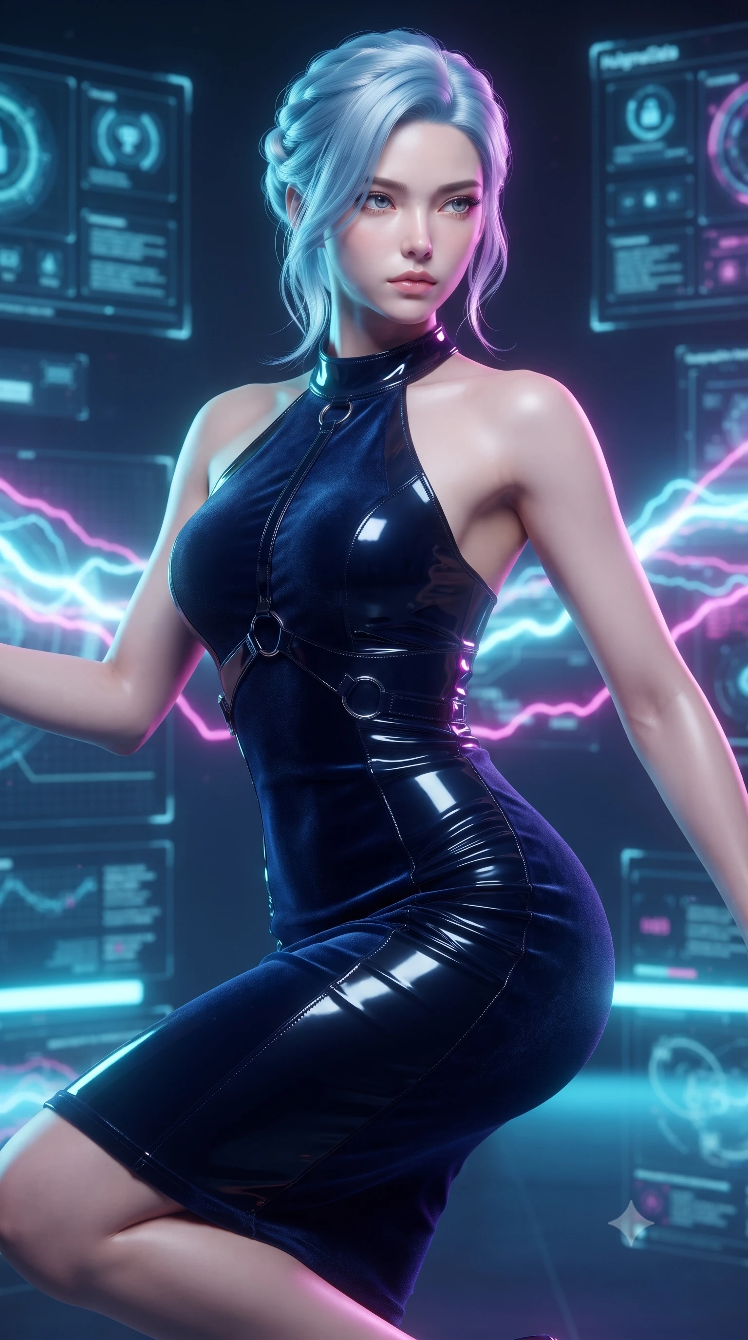 score_9, masterpiece, best quality, ultra-detailed, high-budget anime keyframe, editorial fashion photography, tasteful artistic composition, Korean woman. close-up cowboy shot from the waist and thighs up, the character dominates the composition, filling the frame with her large presence, background elements kept in soft focus. Gazing past the lens with composed intensity as her torso curves dynamically in mid-motion while floating dynamically in a high-tech matrix void surrounded by holographic data panels, glowing plasma arcs pulsating rhythmically in the background atmosphere. She has an exceptionally elegant, slender, and willowy female figure with an ultra-slim waist, a gracefully sculpted slender torso, and a refined silhouette. sharp v-shaped jawline, high-bridge nose, intricate jewel-like eyes with depth, thick eyelashes, glossy lips with a natural sheen, flawlessly proportioned anatomical accuracy, natural body alignment, perfectly sculpted elegant limbs, clean dynamic posture without body distortion. wearing a velvet halter-neck midi dress following her form like a glove in midnight navy blue and chrome trim, tailored from high-gloss patent leather, accented with delicate chrome ring hardware framing her waist, the tailored fabric tightly following every curve of her athletic build. bathed in brilliant neon cyan and magenta rim light with clean white key light. ultra-reflective glossy finish, specular highlights, metallic sheen, high-contrast stereoscopic depth, volumetric dynamic lighting, 2k, ultra detail, master piece, 9:16 ratio