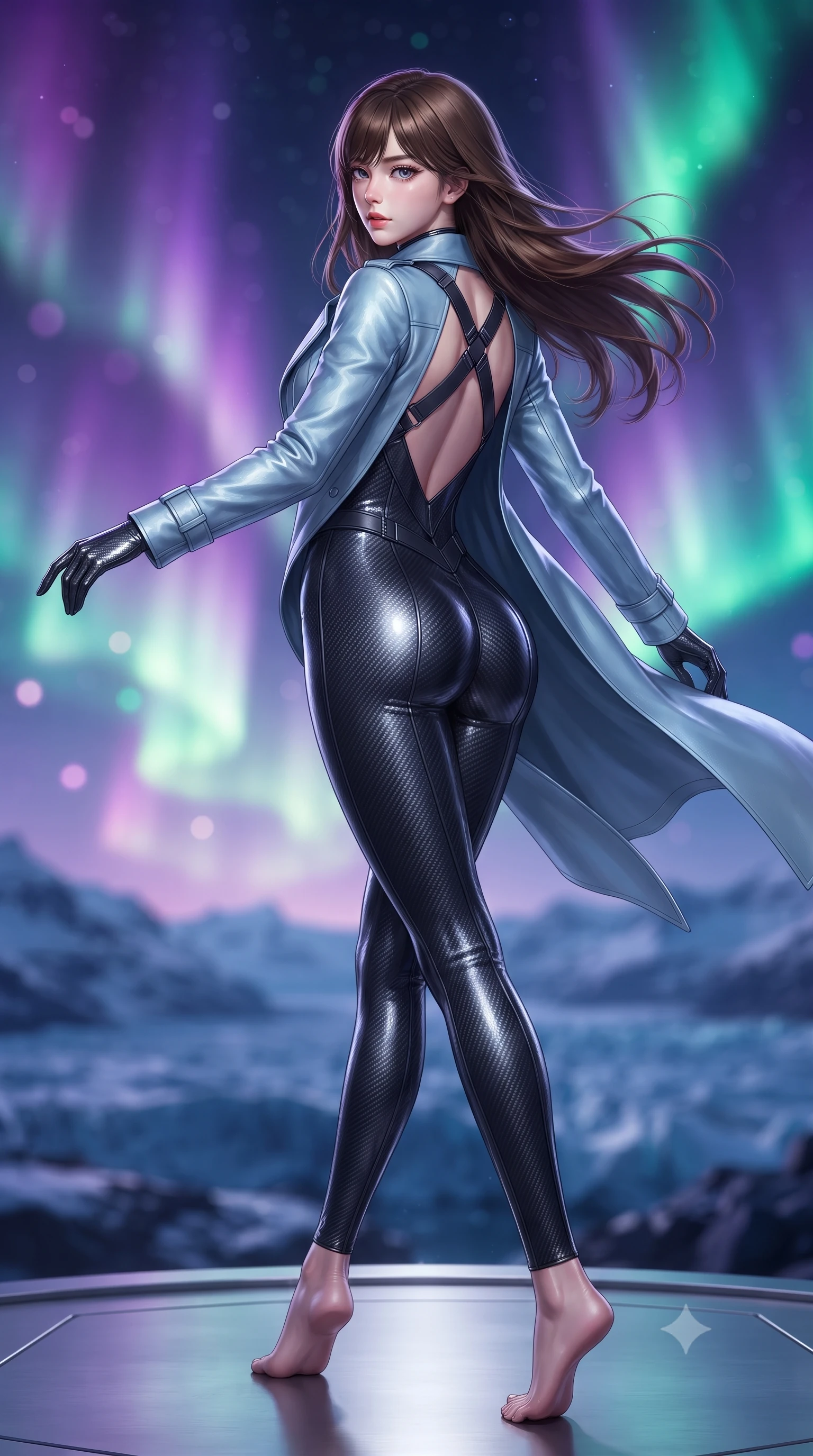 score_9, masterpiece, best quality, ultra-detailed, high-budget anime keyframe, editorial fashion photography, tasteful artistic composition, Korean woman. low angle full-body shot from head to toe showing her feet, filling the entire 9:16 vertical frame with her statuesque presence, stretching her vertical silhouette. executing an elegant mid-motion pivot turn as garments swirl around her slender limbs, glancing over her shoulder with an intoxicating bedroom-gaze while standing poised on a polished titanium altar overlooking midnight glaciers, twisting her torso to look back with fierce, intoxicating allure as auroras dance overhead. The composition keeps background elements in soft focus with creamy bokeh. swirling violet, emerald, and magenta aurora curtains and distant glacier peaks blurred into glowing amethyst, teal, and diamond bokeh. She has an absolutely perfect, statuesque 8.5-heads proportion, an exceptionally tall and slender model-like female figure with impossibly long slender legs, a toned flat midriff, an ultra-slim waist, and beautifully sculpted feminine hips. sharp v-shaped jawline, high-bridge nose, intricate jewel-like eyes with depth, thick eyelashes, glossy parted lips with a natural sheen, intensely captivating and seductive bedroom-eyes expression, flawlessly proportioned anatomical accuracy, strict slender model proportions, natural body alignment, perfectly sculpted long slender limbs, ultra-slim waistline, clean dynamic posture without body distortion. wearing a second-skin dark carbon-weave infiltration catsuit paired with a tailored long leather trench coat in ice crystal blue and brushed platinum, formed from ultra-sleek carbon-fiber reinforced composite with specular sheen, accented with criss-cross back tactical harness straps framing her bare spine, the glove-like aerodynamic silhouette tightly following the natural contour of her hips and long slender legs with statuesque precision. bathed in vibrant emerald and violet aurora backlighting from the polar sky. ultra-reflective glossy finish, specular highlights, rich textural contrasts, high-contrast stereoscopic depth, volumetric dynamic lighting, 2k, ultra detail, master piece, 9:16 ratio