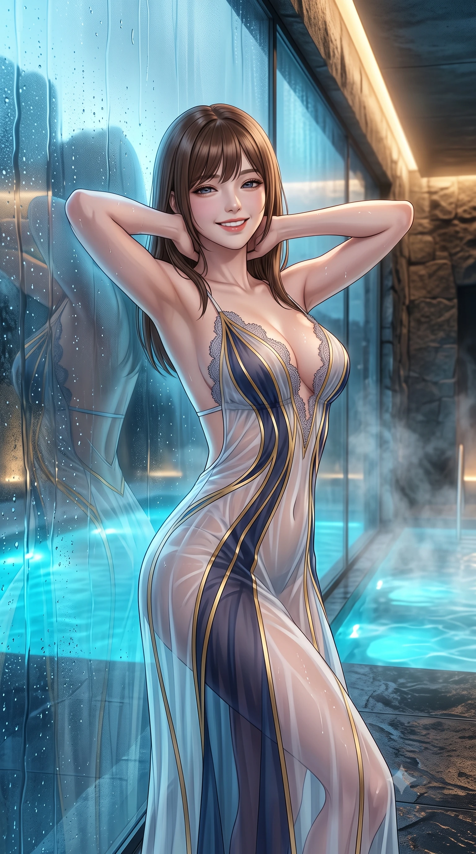 score_9, masterpiece, best quality, ultra-detailed, high-budget anime keyframe, editorial fashion photography, tasteful artistic composition, Korean woman. close-up cowboy shot from the waist and thighs up, the character dominates the composition, filling the frame with her large presence. resting both hands lightly behind her neck with elbows raised, arching her spine to highlight her narrow waist, flat midriff, and breathtaking collarbones while leaning against the floor-to-ceiling panoramic glass wall with hips cocked back, looking through rising thermal vapor with heavy-lidded bedroom-eyes. The surrounding environment is rendered in vivid detail and crisp panoramic clarity: detailed garment lines, wet cling or sheer fit, and Icelandic volcanic architecture in razor-sharp precision. She has an exceptionally elegant, slender, and willowy female figure with an ultra-slim waist, flat toned midriff, narrow ribcage, and sculpted feminine hips creating an alluring, slim hourglass silhouette without bulk. sharp v-shaped jawline, high-bridge nose, intricate jewel-like sparkling eyes with depth, thick eyelashes, glossy parted lips with a natural peach sheen, bright cheerful beaming smile with an enchanting and coquettish sensual glint, exuding both youthful cute charm and seductive allure, flawlessly proportioned anatomical accuracy, strict slender model proportions, natural body alignment, perfectly sculpted long slender limbs, ultra-slim waistline, clean dynamic posture without body distortion. wearing a plunge-front sheer illusion tulle slip dress with liquid gold ribbon stripes hugging her curves in Mount Fuji snow-peak white and midnight indigo silk, made of sheer gossamer chiffon that drapes softly against skin with airy translucence, finished with scalloped eyelash lace trim framing her sweetheart neckline with intimate elegance, the precision-cut side openings and low-back scoop framing her graceful spine and the sensual sweep of her slim, toned hips. bathed in underwater pool turquoise-cyan LEDs combined with soft warm 2700K interior cove lighting through glass. ultra-reflective glossy finish, specular highlights, rich textural contrasts, high-contrast stereoscopic depth, volumetric dynamic lighting, 2k, ultra detail, master piece, 9:16 ratio