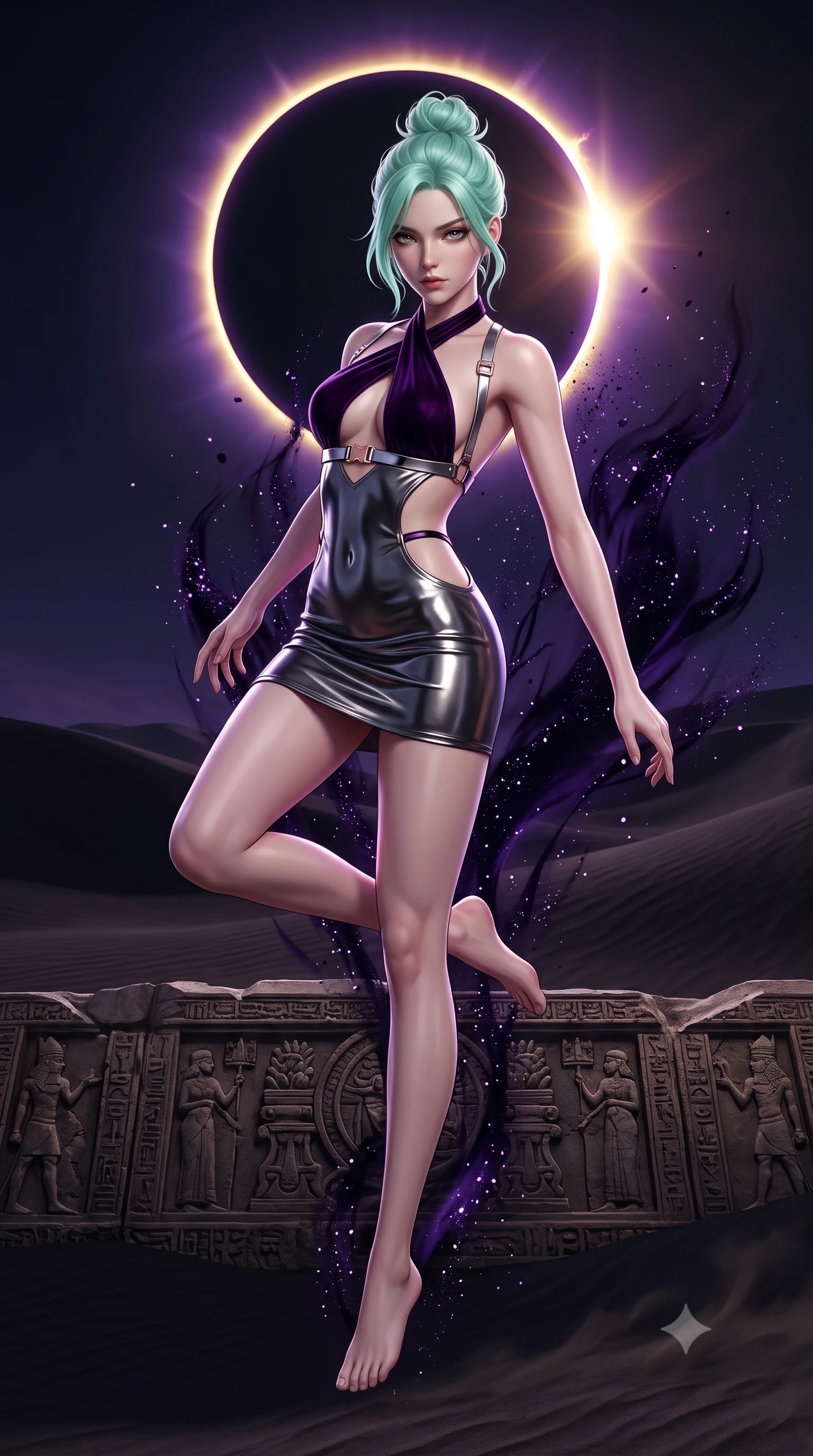 score_9, masterpiece, best quality, ultra-detailed, high-budget anime keyframe, semi-realistic 3D game render, editorial fashion photography, tasteful artistic composition, Japanese woman. low angle full-body shot from head to toe showing her feet, filling the entire 9:16 vertical frame with her statuesque presence, stretching her vertical silhouette. performing an alluring mid-air vault with flawless poise, looking directly into the camera with smoldering, predatory intensity while arching her spine in a powerful yet enticing stance as the eclipsed solar corona casts a sharp golden-violet halo. The surrounding environment is rendered in vivid detail and crisp panoramic clarity. intricate stone altar reliefs, wind-swept dark sand, and solar corona flares in high resolution. She has an absolutely perfect, statuesque 8.5-heads proportion, an exceptionally tall and slender model-like female figure with impossibly long slender legs, a toned flat midriff, and an ultra-slim waist. sharp v-shaped jawline, high-bridge nose, intricate jewel-like eyes with depth, thick eyelashes, glossy lips with a natural sheen, flawlessly proportioned anatomical accuracy, strict slender model proportions, natural body alignment, perfectly sculpted long slender limbs, ultra-slim waistline, clean dynamic posture without body distortion. wearing a molten gunmetal liquid-metal mini dress featuring deep side-waist cutouts and a daring crossover halter neckline in deep velvet violet and rose-gold metallic clasps, made of liquid metal jersey that clings flawlessly to every contour of her build, reinforced by a sleek metallic chrome harness and delicate dark glowing micro-straps, the precision-cut daring openings accentuating her delicate midriff, graceful bare collarbones, and ultra-slim feminine waistline. surrounded by an awe-inspiring, forbidden, and intensely provocative dark-goddess aura. rich saturated anime colors with deep moody shadows, detailed chiaroscuro shading with soft gradients, rich glossy textures, high-contrast stereoscopic depth, volumetric dynamic shadow lighting, master piece, 9:16 ratio