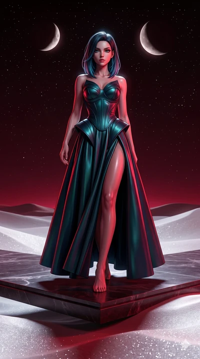score_9, masterpiece, best quality, ultra-detailed, high-budget anime keyframe, editorial fashion photography, tasteful artistic composition, Caucasian woman, strictly human ears. low angle full-body shot from head to toe showing her feet, filling th