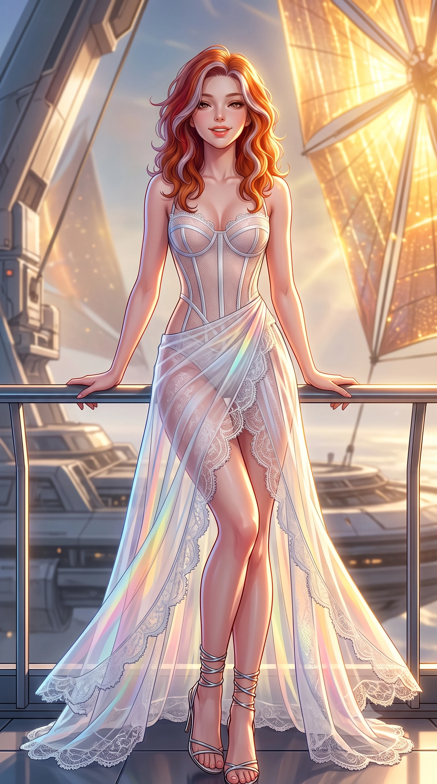 score_9, masterpiece, best quality, ultra-detailed, high-budget anime keyframe, semi-realistic 3D game render, editorial fashion photography, tasteful artistic composition, Caucasian woman. close-up cowboy shot from the waist and thighs up, the character dominates the composition, filling the frame with her large presence. leaning back against the balustrade with relaxed seductive grace, head tilted back slightly while casting a hypnotic, heavy-lidded gaze while leaning against the zero-gravity carbon tether with hips cocked back, watching the blazing golden solar corona flare through polarizing solar sails with smoldering bedroom-eyes. The background shows a soft-focus faint solar wind ionization haze softened in celestial flagship sail deck shallow focus. She has an exceptionally elegant, slender, and willowy female figure with an ultra-slim waist, flat toned midriff, narrow ribcage, and sculpted feminine hips creating an alluring, slim hourglass silhouette without bulk. sharp v-shaped jawline, high-bridge nose, intricate jewel-like sparkling eyes with depth, thick eyelashes, glossy parted lips with a natural peach sheen, bright cheerful beaming smile with an enchanting and coquettish sensual glint, exuding both youthful cute charm and seductive allure, flawlessly proportioned anatomical accuracy, strict slender model proportions, natural body alignment, perfectly sculpted long slender limbs, ultra-slim waistline, clean dynamic posture without body distortion. wearing a provocative translucent mesh corset bodice with boned satin channels paired with a sheer chiffon wrap maxi skirt in solar-sail rainbow diffraction and titanium white, made of delicate semi-sheer French Chantilly lace with intricate eyelash edges, complemented by strappy stiletto sandals with metallic ankle wraps accentuating her slender calves, the precision-cut side openings and low-back scoop framing her graceful spine and the sensual sweep of her slim, toned hips. illuminated by solar sail diffraction reflection bounce and sharp chromatic-rainbow rim lights defining her jawline, narrow waist, and curvy hips. highly saturated vibrant anime colors, detailed shading with soft gradients, rich glossy textures, high-contrast stereoscopic depth, volumetric dynamic lighting, master piece, 9:16 ratio