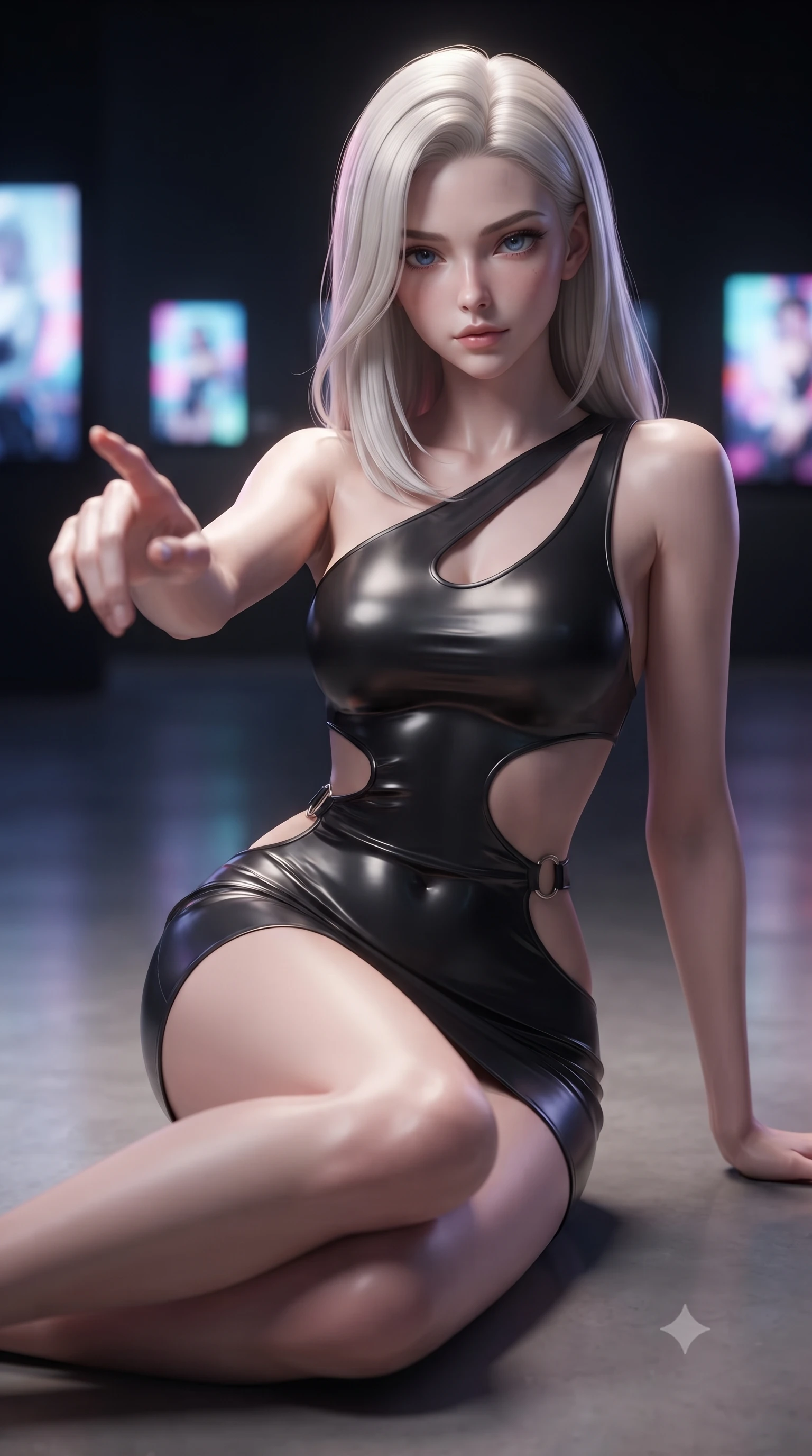 score_9, masterpiece, best quality, ultra-detailed, high-budget anime keyframe, editorial fashion photography, tasteful artistic composition, Caucasian woman woman. close-up cowboy shot from the waist and thighs up, the character dominates the composition, filling the frame with her large presence, background elements kept in soft focus. She has an exceptionally elegant, slender, and willowy female figure with an ultra-slim waist, a gracefully sculpted slender torso, and a refined silhouette. reaching one hand toward the viewer with relaxed elegance, her gaze holding quiet authority, flawlessly proportioned anatomical accuracy, natural body alignment, perfectly sculpted elegant limbs, clean dynamic posture without body distortion. set against a soft-focus background of a high-end gallery with RGB noise digital canvas displays. wearing an asymmetric cut-out mini dress in matte black latex with silver ring accents. bathed in dynamic shifting RGB neon lights creating dramatic high-contrast rim light. ultra-reflective glossy finish, specular highlights, metallic sheen, high-contrast stereoscopic depth, volumetric dynamic lighting, 2k, ultra detail, master piece, 9:16 ratio