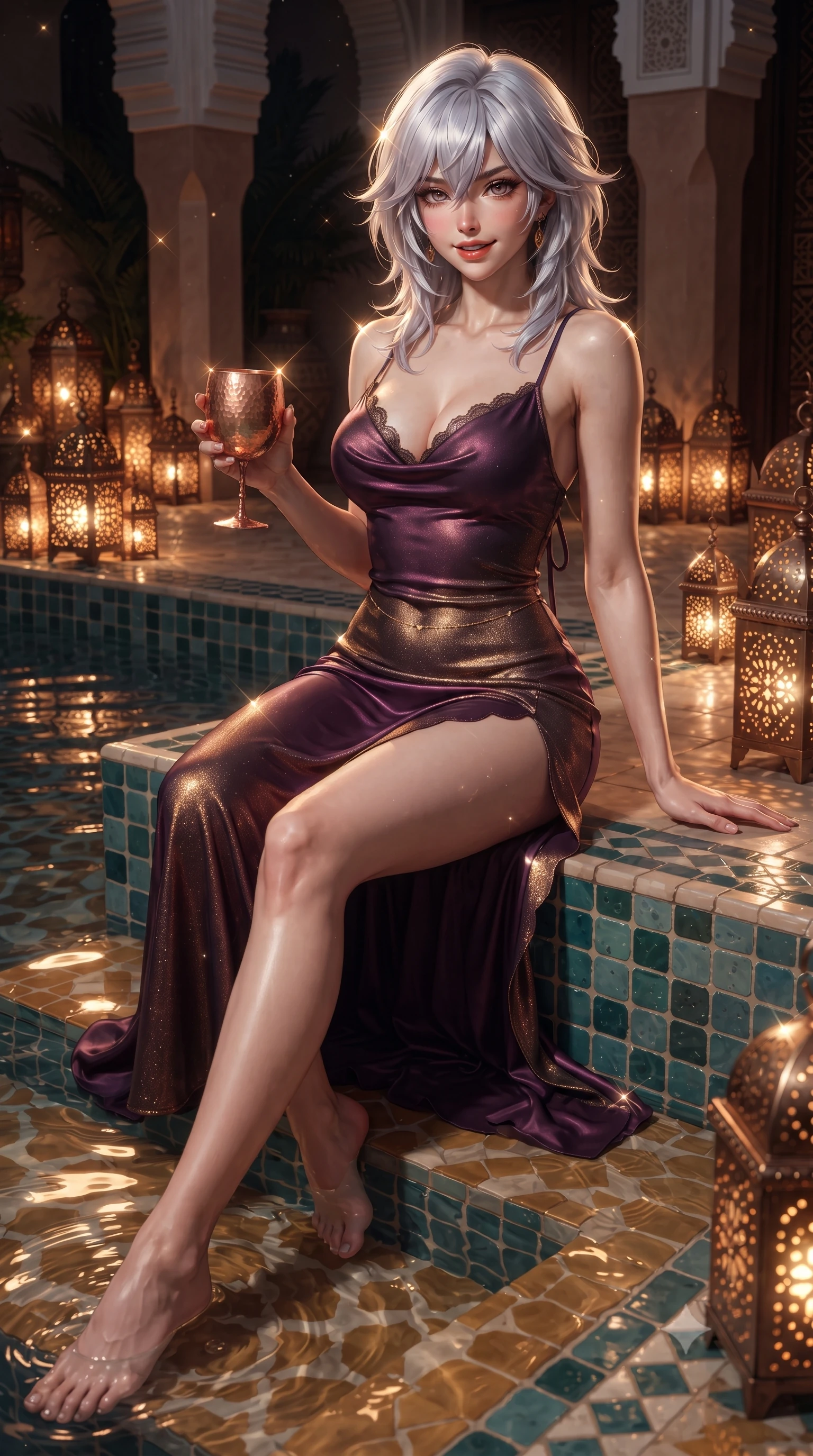 score_9, masterpiece, best quality, ultra-detailed, high-budget anime keyframe, editorial fashion photography, tasteful artistic composition, Japanese woman. low angle full-body shot from head to toe showing her feet, filling the entire 9:16 vertical frame with her statuesque presence, stretching her vertical silhouette. reclining gracefully across the plush chaise lounge with one leg extended, her sculpted silhouette and flat midriff radiating magnetic nocturnal glamour while sitting perched on the zellij-tiled pool steps with water lapping at her thighs, holding a hammered copper goblet with effortless coquettish cool. The surrounding environment is rendered in vivid detail and crisp panoramic clarity: detailed backless silk satin wrap gown drape, gold belly chain gleam, and Moorish luxury architecture in razor-sharp precision. She has an absolutely perfect, statuesque 8.5-heads proportion, an exceptionally tall and slender model-like female figure with impossibly long slender legs, an ultra-slim waist, a flat toned midriff, narrow delicate ribcage, and beautifully sculpted feminine hips creating a graceful, slim hourglass silhouette without any bulky heaviness. sharp v-shaped jawline, high-bridge nose, sparkling eyes with hypnotic seductive depth, thick curled eyelashes, glossy parted lips with a natural dewy peach sheen, alluring bedroom-eyes with an enchanting coquettish smile, exuding magnetic siren charisma and sophisticated glamour, flawlessly proportioned anatomical accuracy, strict slender model proportions, natural body alignment, perfectly sculpted long slender limbs, ultra-slim waistline, clean dynamic posture without body distortion. wearing a plunging cowl-neck liquid silk satin slip gown with daring hip-high double slits and delicate back ties in rich dark plum violet and gilded bronze, woven from stretch metallic lurex jersey casting radiant starlight glints across her silhouette, finished with scalloped eyelash lace trim framing her sweetheart neckline with intimate elegance, the glove-like clinging cut tightly following the natural contour of her hips and long slender legs with youthful 8.5-heads elegance. bathed in the warm intimate glow of dozens of perforated bronze candle lanterns. ultra-reflective glossy finish, specular highlights, rich textural contrasts, high-contrast stereoscopic depth, volumetric dynamic lighting, 2k, ultra detail, master piece, 9:16 ratio