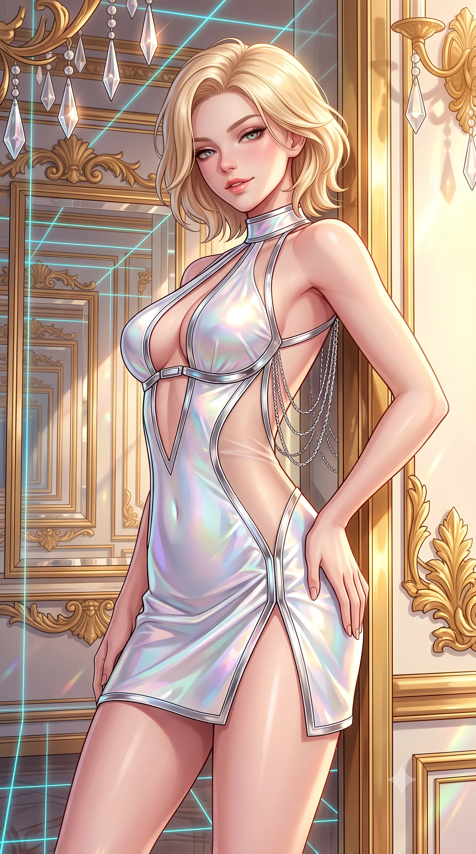 score_9, masterpiece, best quality, ultra-detailed, high-budget anime keyframe, semi-realistic 3D game render, editorial fashion photography, tasteful artistic composition, Caucasian woman. close-up cowboy shot from the waist and thighs up, the character dominates the composition, filling the frame with her large presence. tilting her head with a teasing half-smile, running one hand slowly down the side of her hip in a flirtatious S-curve as ambient light caresses her silhouette while leaning against the gilded smart-mirror pier with hips cocked back, looking through infinite holographic reflections with intoxicated smoldering bedroom-eyes. The surrounding environment is rendered in vivid detail and crisp panoramic clarity: sharp crystal chandelier drops, recursive smart-mirror frame bevels, and gilded acanthus leaf carvings in deep focus. She has an exceptionally elegant, slender, and willowy female figure with an ultra-slim waist, flat toned midriff, narrow ribcage, and sculpted feminine hips creating an alluring, slim hourglass silhouette without bulk. sharp v-shaped jawline, high-bridge nose, intricate jewel-like sparkling eyes with depth, thick eyelashes, glossy parted lips with a natural peach sheen, bright cheerful beaming smile with an enchanting and coquettish sensual glint, exuding both youthful cute charm and seductive allure, flawlessly proportioned anatomical accuracy, strict slender model proportions, natural body alignment, perfectly sculpted long slender limbs, ultra-slim waistline, clean dynamic posture without body distortion. wearing a provocative open-waist cutout mini dress framed by polished chrome hardware and thigh-high slit in iridescent mother-of-pearl and liquid molten silver, featuring strategic sheer-illusion tulle side panels framing her ribcage and hips, accented with an open-back drape framed by falling strands of delicate chrome chains, the liquid-tight tailored fabric clinging flawlessly to her narrow waist and rounded feminine hips, emphasizing every millimeter of her sculpted slim hourglass curves without any bulky heaviness. bathed in the blinding golden hour 2800K palace sunset mixed with delicate cyan laser grid lines. highly saturated vibrant anime colors, detailed shading with soft gradients, rich glossy textures, high-contrast stereoscopic depth, volumetric dynamic lighting, master piece, 9:16 ratio