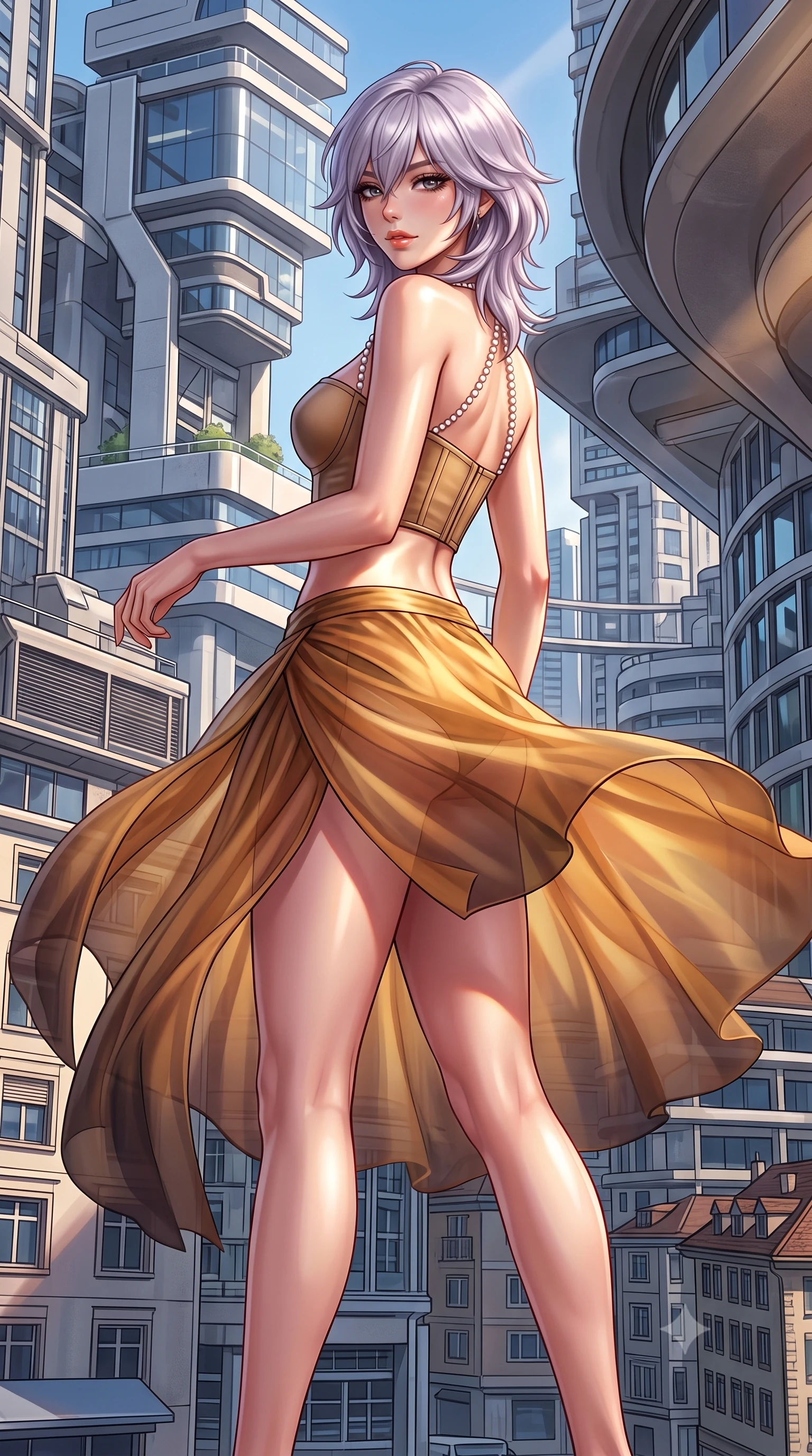 score_9, masterpiece, best quality, ultra-detailed, high-budget anime keyframe, semi-realistic 3D game render, editorial fashion photography, tasteful artistic composition, Japanese woman. low angle full-body shot from head to toe showing her feet, filling the entire 9:16 vertical frame with her statuesque presence, stretching her vertical silhouette. executing a slow, graceful pivot turn as her skirt sways around her slender legs, glancing back with an enchanting, teasing sensual expression while twisting her slender torso in an alluring contrapposto stance, geometric sunlight beams cutting across her flat midriff and curvy hips. The surrounding environment is rendered in vivid detail and crisp panoramic clarity: detailed architectural dress cutout lines, glossy lip sheen, and Swiss contemporary architecture in razor-sharp precision. She has an absolutely perfect, statuesque 8.5-heads proportion, an exceptionally tall and slender model-like female figure with impossibly long slender legs, an ultra-slim waist, a flat toned midriff, narrow delicate ribcage, and beautifully sculpted feminine hips creating a graceful, slim hourglass silhouette without any bulky heaviness. sharp v-shaped jawline, high-bridge nose, sparkling eyes with hypnotic seductive depth, thick curled eyelashes, glossy parted lips with a natural dewy peach sheen, alluring bedroom-eyes with an enchanting coquettish smile, exuding magnetic siren charisma and sophisticated glamour, flawlessly proportioned anatomical accuracy, strict slender model proportions, natural body alignment, perfectly sculpted long slender limbs, ultra-slim waistline, clean dynamic posture without body distortion. wearing a structured strapless boned neoprene bustier top paired with an ultra-short architectural wrap mini skirt in warm amber honey and antique gold leaf with dark shadow gradients, made of sheer gossamer chiffon that drapes softly against skin with airy translucence, accented with a pearl-drop body harness subtly framing her dewy collarbones and spine, the precision-cut side openings and low-back scoop framing her graceful spine and the sensual sweep of her slim, toned hips. illuminated by white floor bounce fill and sharp platinum rim lights sculpting her razor-sharp jawline, narrow waist, and curvy hips. highly saturated vibrant anime colors, detailed shading with soft gradients, rich glossy textures, high-contrast stereoscopic depth, volumetric dynamic lighting, master piece, 9:16 ratio