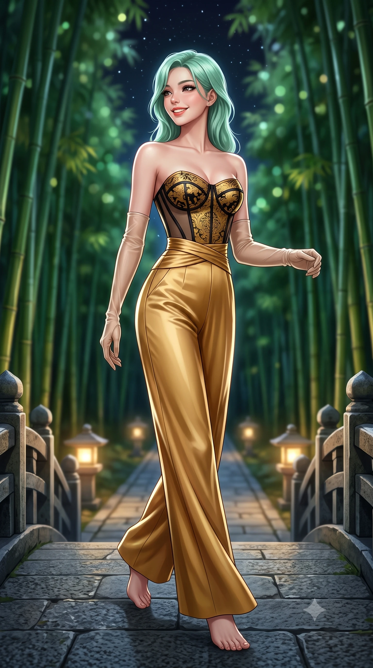 score_9, masterpiece, best quality, ultra-detailed, high-budget anime keyframe, semi-realistic 3D game render, editorial fashion photography, tasteful artistic composition, Japanese woman. low angle full-body shot from head to toe showing her feet, filling the entire 9:16 vertical frame with her statuesque presence, stretching her vertical silhouette. stepping forward gracefully across the stone bridge in mid-motion with a radiant beaming smile, hips swaying in an alluring kinetic rhythm that accentuates her curvy hourglass silhouette and long slender legs while walking slowly down the stone pathway flanked by towering emerald bamboo stalks, looking back over her shoulder with an air of effortless oriental grace. The background shows a soft-focus soaring emerald green bamboo groves reaching toward the midnight sky blurred into jade, chartreuse, and deep starlight bokeh. She has an absolutely perfect, statuesque 8.5-heads proportion, an exceptionally tall and slender model-like female figure with impossibly long slender legs, an ultra-slim waist, a flat toned midriff, narrow delicate ribcage, and beautifully sculpted feminine hips creating a graceful, slim hourglass silhouette without any bulky heaviness. sharp v-shaped jawline, high-bridge nose, intricate jewel-like dark sparkling almond eyes with depth, thick lashes, glossy parted lips with a natural rose-plum sheen, bright alluring and coquettish smile with bedroom-eyes, exuding both timeless oriental elegance and sovereign high-fashion allure, flawlessly proportioned anatomical accuracy, strict slender model proportions, natural body alignment, perfectly sculpted long slender limbs, ultra-slim waistline, clean dynamic posture without body distortion. wearing a strapless structured silk brocade bustier top paired with flowing wide-leg satin palazzo trousers cinched at the waist in antique saffron gold and ebony black, made of sheer technical micro-mesh with contouring shadow effects, complemented by delicate sheer silk fingerless gloves reaching past her elbows, the high-waisted wrap tailoring accentuating her ultra-slim waistline and the enchanting curve of her feminine hips with alluring oriental charm. illuminated by ground stone lantern bounce and sharp silver rim lights carving her sculpted collarbones, ultra-slim waist, and curvy hips. highly saturated vibrant anime colors, detailed shading with soft gradients, rich glossy textures, high-contrast stereoscopic depth, volumetric dynamic lighting, master piece, 9:16 ratio