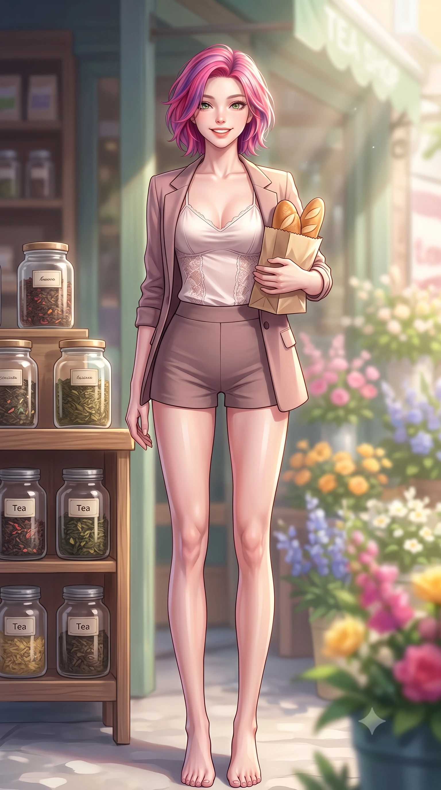 score_9, masterpiece, best quality, ultra-detailed, high-budget anime keyframe, editorial fashion photography, tasteful artistic composition, Caucasian woman. low angle full-body shot from head to toe showing her feet, filling the entire 9:16 vertical frame with her statuesque presence, stretching her vertical silhouette. standing with a cute, bright pose, tilting her head with a beaming smile set against a soft-focus background of outside a cozy tea shop with jars of tea leaves displayed on wooden shelves holding a small paper bag of fresh warm bread, smiling cutely. She has an absolutely perfect, statuesque 8.5-heads proportion, an exceptionally tall and slender model-like female figure with impossibly long slender legs and an ultra-slim waist. sharp v-shaped jawline, high-bridge nose, intricate jewel-like eyes with depth, thick eyelashes, glossy lips with a natural sheen. wearing body-hugging delicate silk camisole with lace panels and a tailored blazer worn open over form-contouring shorts. soft morning sunbeams highlighting the colorful flowers and her face. highly saturated vibrant anime colors, detailed shading with soft gradients, rich glossy textures, high-contrast stereoscopic depth, volumetric dynamic lighting, master piece, 9:16 ratio
