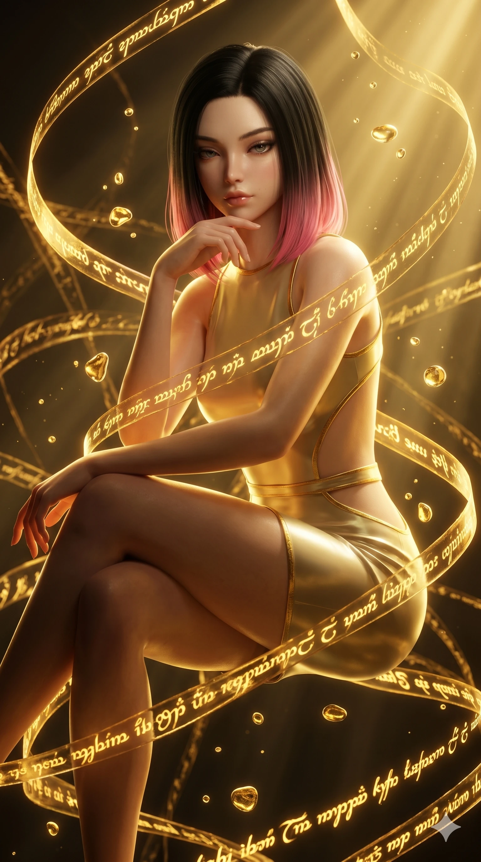 score_9, masterpiece, best quality, ultra-detailed, high-budget anime keyframe, semi-realistic 3D game render, Korean woman. Upper body close-up from the thighs up, character filling the screen for maximum presence. She is sitting cross-legged mid-air, levitating amidst swirling golden script ribbons and floating liquid gold droplets. She rests her chin on her fingers, looking down with a sultry, commanding glance. She has an absolutely perfect 8-heads proportion, an exceptionally tall and slender female figure with impossibly long slender legs and an ultra-slim waist. V-shaped jawline, high-bridge nose, intricate jewel-like eyes with depth, thick eyelashes, glossy lips with a natural sheen. She is wearing a second-skin fashion-latex mini dress with a clean architectural front, featuring an open-back design that wraps around the sides of her waist, showcasing her slender silhouette. The scene is lit by intense, warm golden ambient light and sharp volumetric sunbeams cutting through volumetric fog. 2k, ultra detail, master piece, 9:16 ratio