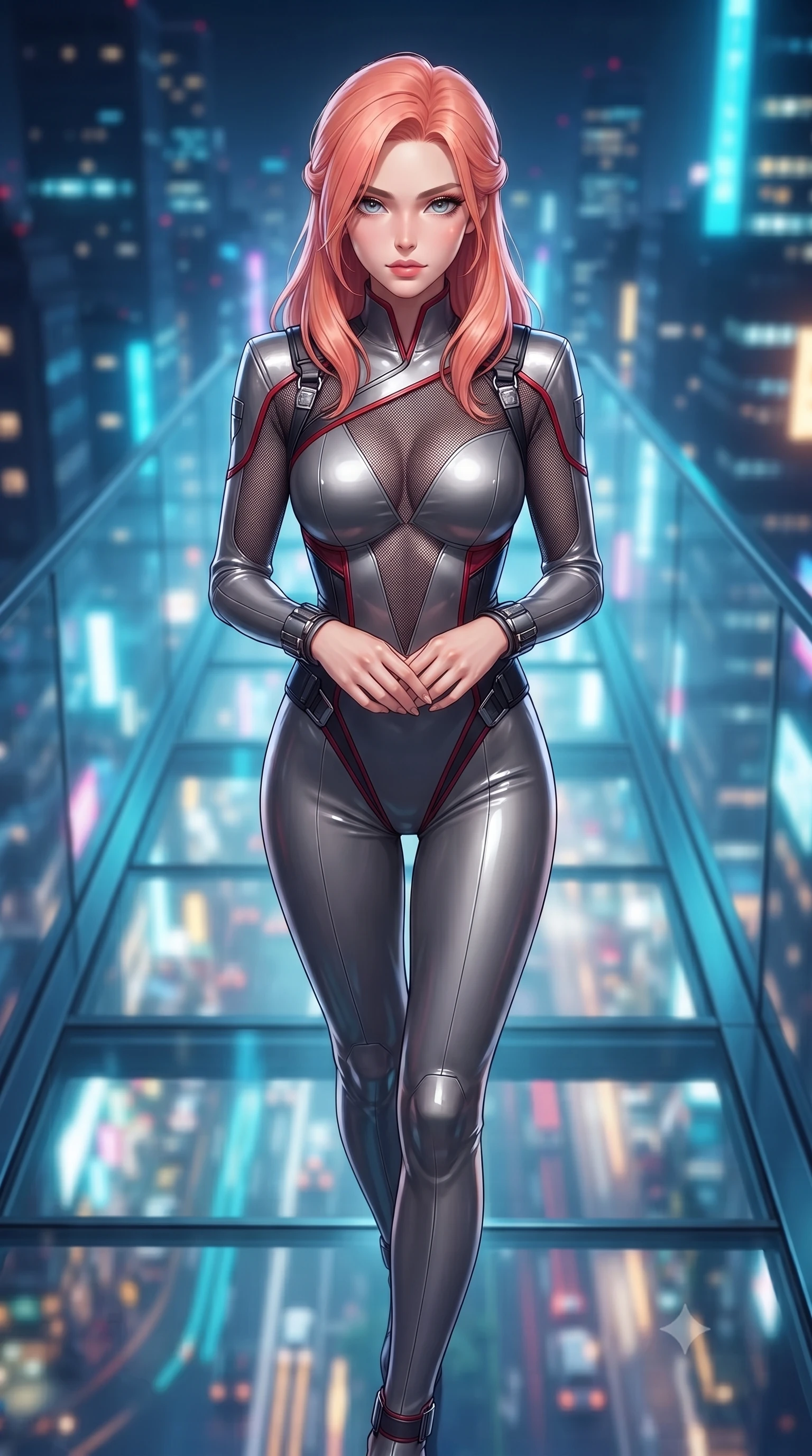 score_9, masterpiece, best quality, ultra-detailed, high-budget anime keyframe, editorial fashion photography, tasteful artistic composition, Japanese woman. close-up cowboy shot from the waist and thighs up, the character dominates the composition, filling the frame with her large presence. holding her hands loosely in front with regal, aristocratic poise, radiating an overwhelming high-society aura while striding across the luminous glass walkway with silent tactical footsteps and authoritative commander presence. The composition keeps background elements in soft focus with creamy bokeh. dizzying vertical cityscape traffic light trails and neon skyscrapers far below blurred into sapphire, cyan, and gold bokeh. She has an exceptionally elegant, slender, and willowy female figure with an ultra-slim waist, a gracefully sculpted slender torso, toned flat midriff, and a refined slim silhouette. sharp v-shaped jawline, high-bridge nose, intricate jewel-like eyes with depth, thick eyelashes, glossy lips with a natural sheen, captivating and magnetic expression, flawlessly proportioned anatomical accuracy, strict slender model proportions, natural body alignment, perfectly sculpted long slender limbs, ultra-slim waistline, clean dynamic posture without body distortion. wearing a sharp asymmetrical spy bodysuit with sheer contouring mesh panels, reinforced strike shoulders, and utility waist harness in storm grey and dark scarlet trim, made of high-mobility liquid jersey and semi-opaque reinforced mesh, accented with concealed lockpick wristbands and polished dark chrome hardware edition #24, the liquid-tight tailored fabric emphasizing every curve of her tall, slender model proportions and sculptured silhouette during dynamic movement. illuminated by crisp directional key light defining her razor-sharp jawline, eyes, and slender curves. ultra-reflective glossy finish, specular highlights, rich textural contrasts, high-contrast stereoscopic depth, volumetric dynamic lighting, 2k, ultra detail, master piece, 9:16 ratio