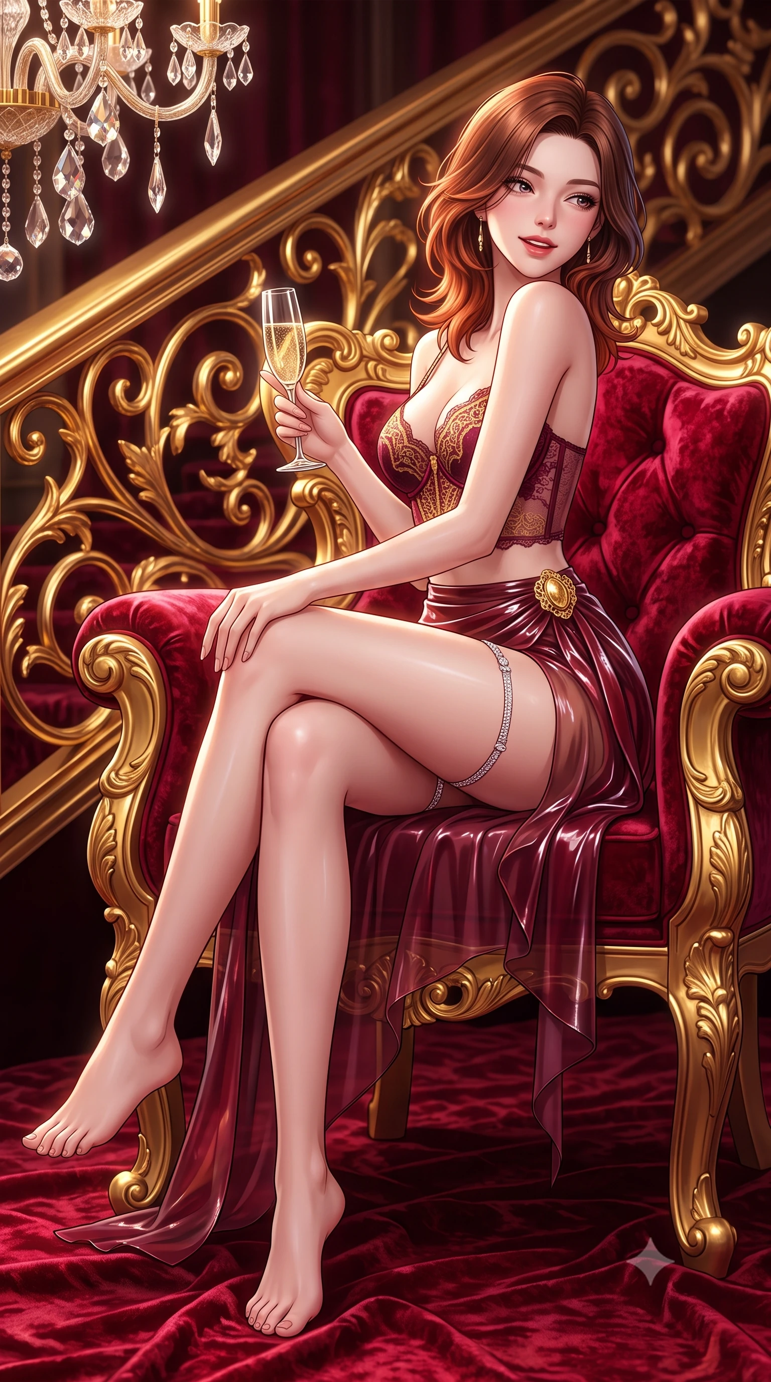 score_9, masterpiece, best quality, ultra-detailed, high-budget anime keyframe, semi-realistic 3D game render, editorial fashion photography, tasteful artistic composition, Korean woman. low angle full-body shot from head to toe showing her feet, filling the entire 9:16 vertical frame with her statuesque presence, stretching her vertical silhouette. executing a slow, graceful pivot turn as her skirt sways around her slender legs, glancing back with an enchanting, teasing sensual expression while sitting gracefully on the antique gilded armchair with legs crossed, holding a crystal champagne flute with an enchanting, parted-lip smile. The surrounding environment is rendered in vivid detail and crisp panoramic clarity: sharp crushed crimson velvet pile, 24-karat gold leaf scrollwork, and cut-crystal chandelier facets in deep focus. She has an absolutely perfect, statuesque 8.5-heads proportion, an exceptionally tall and slender model-like female figure with impossibly long slender legs, an ultra-slim waist, a flat toned midriff, narrow delicate ribcage, and beautifully sculpted feminine hips creating a graceful, slim hourglass silhouette without any bulky heaviness. sharp v-shaped jawline, high-bridge nose, sparkling eyes with hypnotic seductive depth, thick curled eyelashes, glossy parted lips with a natural dewy peach sheen, alluring bedroom-eyes with an enchanting coquettish smile, exuding magnetic siren charisma and sophisticated glamour, flawlessly proportioned anatomical accuracy, strict slender model proportions, natural body alignment, perfectly sculpted long slender limbs, ultra-slim waistline, clean dynamic posture without body distortion. wearing a delicate French lace underwire bustier paired with a draped sheer chiffon wrap mini skirt and gold hip brooch in Vienna imperial bordeaux and Habsburg gold, crafted from wet-look high-gloss vinyl fabric with dazzling specular surface reflections, finished with delicate crystal-encrusted thigh garter straps glinting in the dim light, the liquid-tight tailored fabric clinging flawlessly to her narrow waist and rounded feminine hips, emphasizing every millimeter of her sculpted slim hourglass curves without any bulky heaviness. illuminated by gilded railing reflection bounce and sharp royal-gold rim lights sculpting her razor-sharp jawline, narrow waist, and curvy hips. highly saturated vibrant anime colors, detailed shading with soft gradients, rich glossy textures, high-contrast stereoscopic depth, volumetric dynamic lighting, master piece, 9:16 ratio