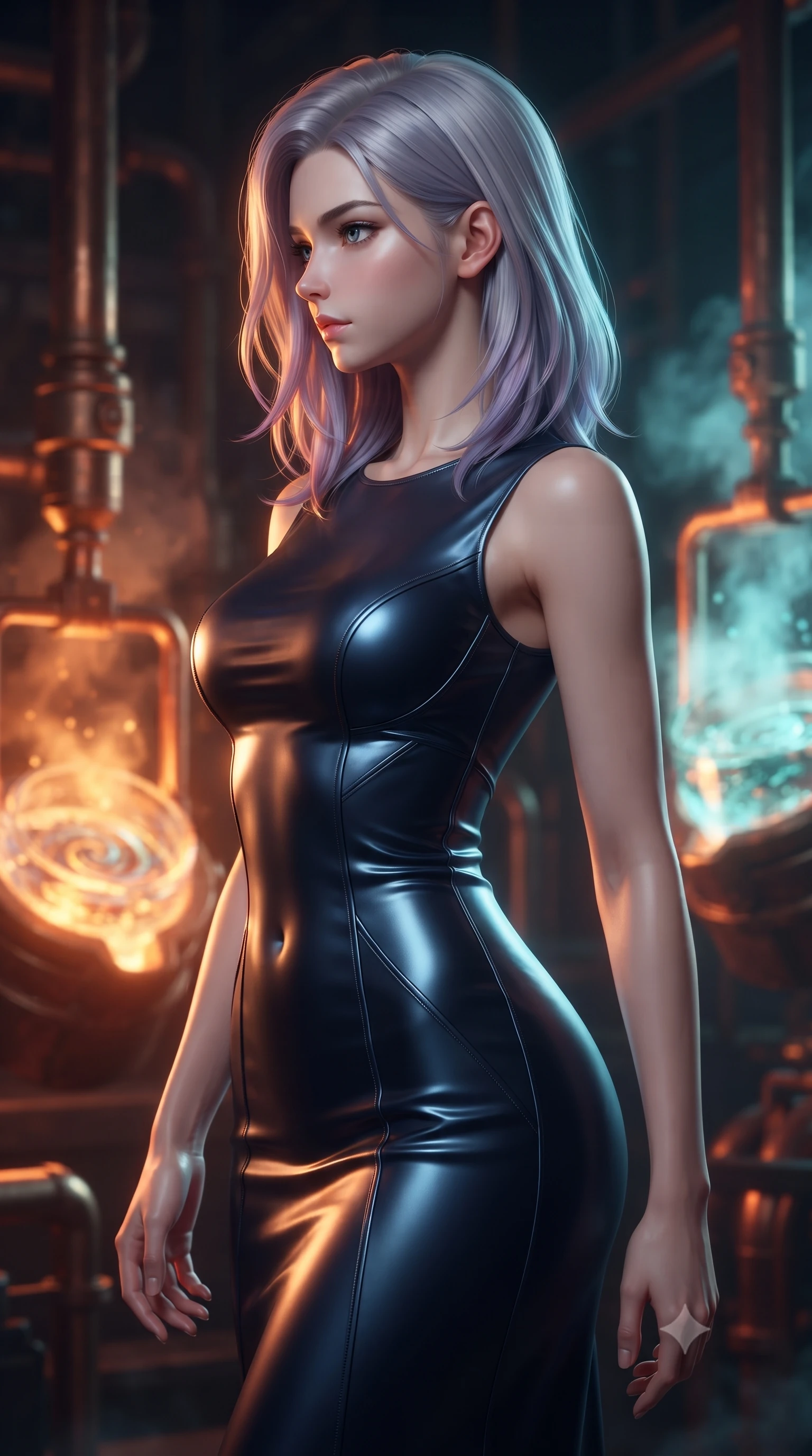 score_9, masterpiece, best quality, ultra-detailed, high-budget anime keyframe, editorial fashion photography, tasteful artistic composition, Caucasian woman woman. close-up cowboy shot from the waist and thighs up, the character dominates the composition, filling the frame with her large presence, background elements kept in soft focus. She has an exceptionally elegant, slender, and willowy female figure with an ultra-slim waist, a gracefully sculpted slender torso, and a refined silhouette. turning her head in a sharp dramatic profile against the key light, her eyes glowing with calm focus, flawlessly proportioned anatomical accuracy, natural body alignment, perfectly sculpted elegant limbs, clean dynamic posture without body distortion. set against a soft-focus background of a copper pipe industrial foundry with liquid aurora crucibles. wearing a sleek midnight navy silk column dress with form-contouring tailored seams. bathed in intense orange furnace light clashing with cool cyan steam highlights. ultra-reflective glossy finish, specular highlights, metallic sheen, high-contrast stereoscopic depth, volumetric dynamic lighting, 2k, ultra detail, master piece, 9:16 ratio