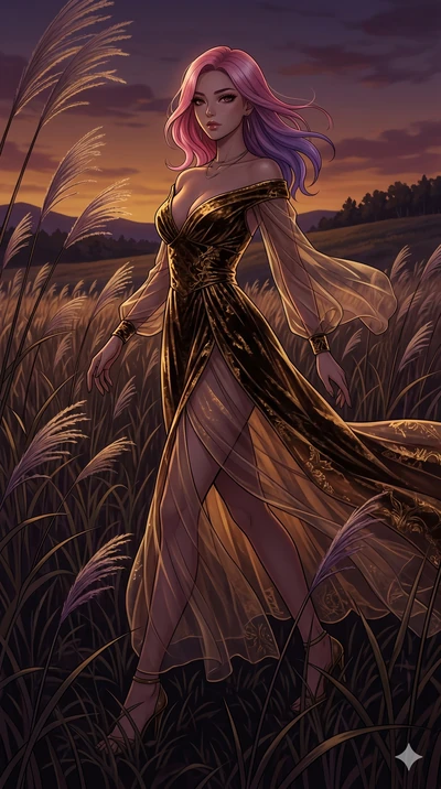 score_9, masterpiece, best quality, ultra-detailed, High-budget Anime Keyframe, East Asian woman. Dynamic full-body shot stretching the vertical silhouette to the limit. Scenario 68: Walking through a field of tall silver grass at twilight. Her prese
