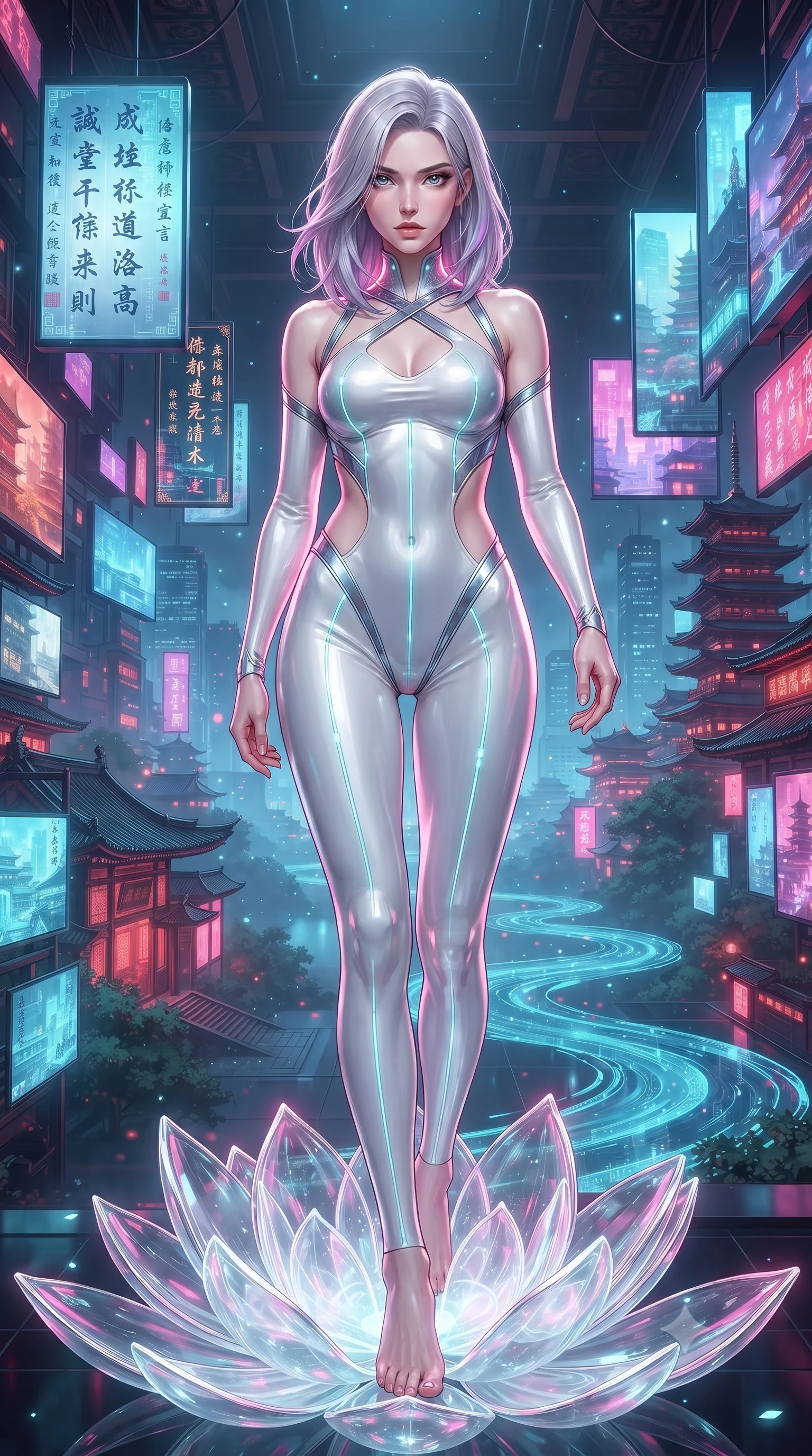 score_9, masterpiece, best quality, ultra-detailed, high-budget anime keyframe, editorial fashion photography, tasteful artistic composition, Caucasian woman. low angle full-body shot from head to toe showing her feet, filling the entire 9:16 vertical frame with her statuesque presence, stretching her vertical silhouette. striding forward in a proud, statuesque motion with a dangerous smolder, her vertical silhouette dominating the frame from head to toe while rising with sovereign elegance from the center of a blooming neon-lit glass lotus flower. The surrounding environment is rendered in vivid detail and crisp panoramic clarity. rich oriental cyber-temple aesthetics captured with environmental clarity. She has an absolutely perfect, statuesque 8.5-heads proportion, an exceptionally tall and slender model-like female figure with impossibly long slender legs and an ultra-slim waist. sharp v-shaped jawline, high-bridge nose, intricate jewel-like eyes with depth, thick eyelashes, glossy lips with a natural sheen, flawlessly proportioned anatomical accuracy, natural body alignment, perfectly sculpted elegant limbs, clean dynamic posture without body distortion. wearing a liquid chrome micro-bodysuit sculpted tightly to her figure, featuring razor-thin metallic straps and an open back in pure snow white latex and glowing cyan circuit seams, made of liquid metal jersey that clings flawlessly to every contour of her build, complemented by criss-cross back straps highlighting her completely bare spine, the daring cutouts accentuating her delicate midriff, graceful collarbones, and feminine contour. illuminated by soft glowing white ambient lights and sharp pink side key lights tracing her neck and waist. ultra-reflective glossy finish, specular highlights, metallic sheen, high-contrast stereoscopic depth, volumetric dynamic lighting, 2k, ultra detail, master piece, 9:16 ratio