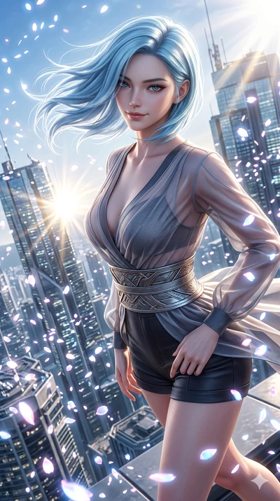 score_9, masterpiece, best quality, ultra-detailed, high-budget anime keyframe, semi-realistic 3D game render, Korean woman. Upper body close-up from the thighs up, character filling the screen for maximum presence. She is standing on the edge of a s