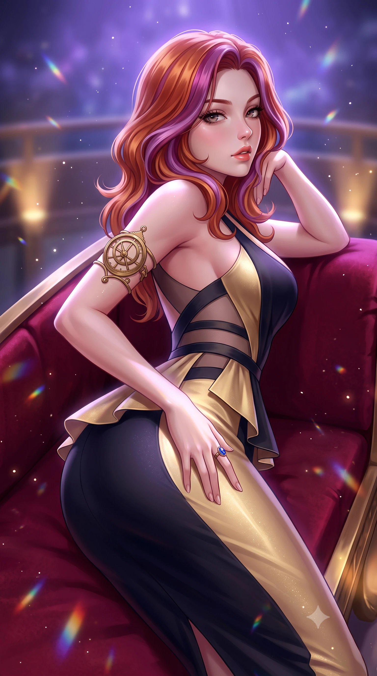 score_9, masterpiece, best quality, ultra-detailed, high-budget anime keyframe, semi-realistic 3D game render, editorial fashion photography, tasteful artistic composition, Caucasian woman. close-up cowboy shot from the waist and thighs up, the character dominates the composition, filling the frame with her large presence. arching her spine backward with effortless dancer poise, one hand sliding along her hip line as directional light carves specular highlights along her silhouette while reclining on a velvet-lined observation platform propped on one elbow, looking back over her shoulder with an intoxicating bedroom-gaze. The composition keeps background elements in soft focus with creamy bokeh. floating stardust flecks and prismatic telescope lens refractions scattering ethereal light motes. She has an exceptionally elegant, slender, and willowy female figure with an ultra-slim waist, a gracefully sculpted slender torso, toned flat midriff, and rounded feminine hips creating an alluring hourglass silhouette. sharp v-shaped jawline, high-bridge nose, intricate jewel-like eyes with depth, thick eyelashes, glossy parted lips with a natural sheen, intensely captivating and seductive bedroom-eyes expression, flawlessly proportioned anatomical accuracy, strict slender model proportions, natural body alignment, perfectly sculpted long slender limbs, ultra-slim waistline, clean dynamic posture without body distortion. wearing a structural geometric peplum gown with sheer side-ribbon cutouts and form-fitting skirt in midnight obsidian black and liquid stardust gold, tailored from fluid silk crepe with delicate inner corsetry boning, accessorized with an intricate brass astrolabe armlet and sapphire ring, the second-skin form-contouring cut accentuating her sculpted flat midriff, narrow waistline, and dramatically curvy hips without adding bulk. bathed in cool violet nebula glow from above and warm golden brass indicator uplights. highly saturated vibrant anime colors, detailed shading with soft gradients, rich glossy textures, high-contrast stereoscopic depth, volumetric dynamic lighting, master piece, 9:16 ratio