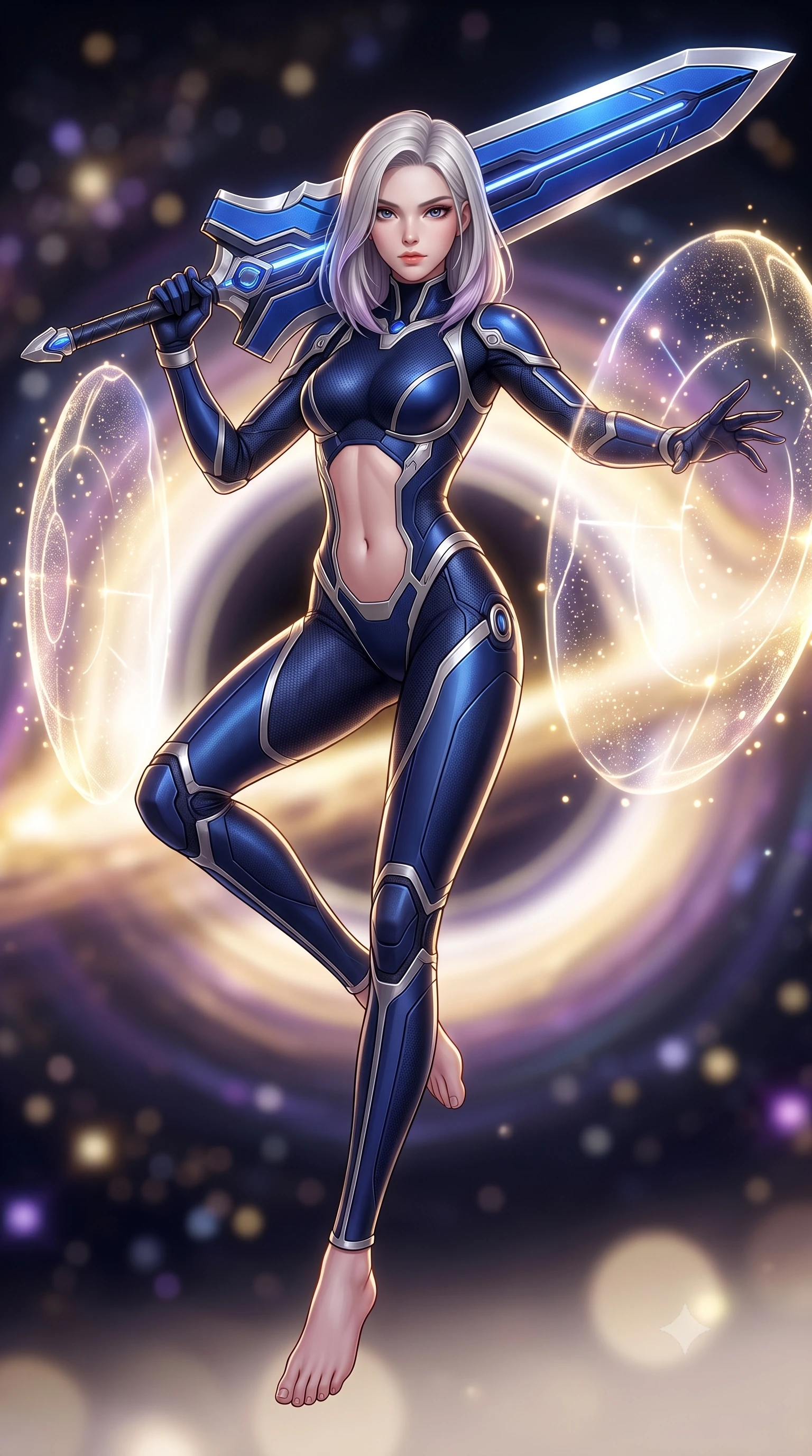 score_9, masterpiece, best quality, ultra-detailed, high-budget anime keyframe, semi-realistic 3D game render, editorial fashion photography, tasteful artistic composition, Caucasian woman. low angle full-body shot from head to toe showing her feet, filling the entire 9:16 vertical frame with her statuesque presence, stretching her vertical silhouette. performing an alluring mid-air combat landing with flawless poise, looking directly into the camera with regal, deadly intensity while pivoting dynamically in zero-gravity with arms outstretched as the translucent energy shields pulse with golden particle light. The composition keeps background elements in soft focus with creamy bokeh. swirling black hole singularity core and glowing accretion disk blurred into dazzling gold, violet, and pitch-black bokeh. She has an absolutely perfect, statuesque 8.5-heads proportion, an exceptionally tall and slender model-like female figure with impossibly long slender legs, a toned flat midriff, and an ultra-slim waist. sharp v-shaped jawline, high-bridge nose, intricate jewel-like eyes with depth, thick eyelashes, glossy lips with a natural sheen, flawlessly proportioned anatomical accuracy, strict slender model proportions, natural body alignment, perfectly sculpted long slender limbs, ultra-slim waistline, clean dynamic posture without body distortion. wearing a statuesque midnight cobalt carbon-fiber armor-suit with platinum trim and an ultra-slim waistline, resting a massive sleek high-frequency anti-material greatsword across her shoulder in electric cobalt blue carbon with polished platinum trim, tailored from flexible second-skin carbon-mesh that clings flawlessly to her athletic curves, finished with high-mobility articulation joints and miniature magnetic armor locks, the glove-like aerodynamic second-skin fit tightly clinging to her ultra-slender waist and athletic curves without adding bulk, accentuating her razor-sharp statuesque lines and slim hourglass silhouette. illuminated by intense directional rim lights sharply defining her ultra-slim waist, long legs, and flat midriff. rich saturated anime colors with glowing neon highlights, detailed shading with soft gradients, rich glossy textures, high-contrast stereoscopic depth, volumetric dynamic lighting, master piece, 9:16 ratio
