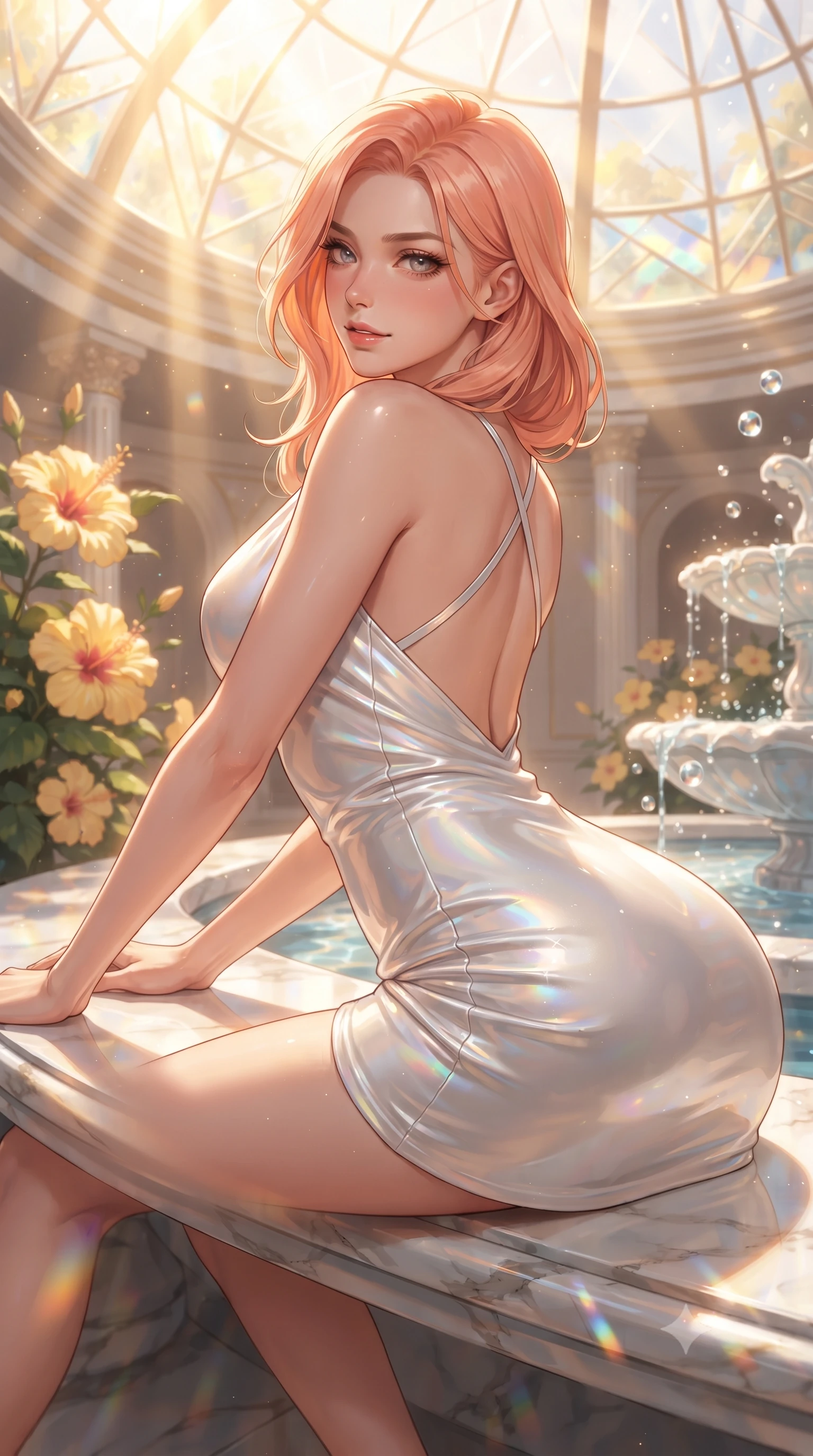 score_9, masterpiece, best quality, ultra-detailed, high-budget anime keyframe, editorial fashion photography, tasteful artistic composition, Japanese woman. close-up cowboy shot from the waist and thighs up, the character dominates the composition, filling the frame with her large presence. stretching forward with an alluring arch of her spine, glancing over her shoulder with thick eyelashes and a smoldering half-smile while reclining along a polished marble bench surrounded by blooming yellow hibiscus with an alluring smoldering gaze. The composition keeps background elements in soft focus with creamy bokeh. streaming sunbeams and fountain water droplets softened in a dreamy, warm depth of field. She has an exceptionally elegant, slender, and willowy female figure with an ultra-slim waist, a gracefully sculpted slender torso, toned flat midriff, and a refined slim silhouette. sharp v-shaped jawline, high-bridge nose, intricate jewel-like eyes with depth, thick eyelashes, glossy lips with a natural sheen, flawlessly proportioned anatomical accuracy, strict slender model proportions, natural body alignment, perfectly sculpted long slender limbs, ultra-slim waistline, clean dynamic posture without body distortion. wearing a form-contouring liquid satin halter-neck mini dress with a deep crossover cowl front, open back, and ultra-slender waist drape in glistening liquid pearl white with rainbow opalescence, formed from high-gloss patent material with specular light reflections, complemented by criss-cross back straps highlighting her completely bare spine, the liquid-tight tailored fabric emphasizing every curve of her tall, slender model proportions and sculptured silhouette during dynamic movement. bathed in intense volumetric golden sunbeams streaming through crystalline glass dome panes. ultra-reflective glossy finish, specular highlights, metallic sheen, high-contrast stereoscopic depth, volumetric dynamic lighting, 2k, ultra detail, master piece, 9:16 ratio