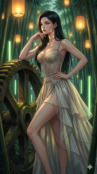 score_9, masterpiece, best quality, ultra-detailed, high-budget anime keyframe, editorial fashion photography, tasteful artistic composition, Korean woman. cowboy shot from the thighs up, character and outfit filling the frame for maximum editorial p