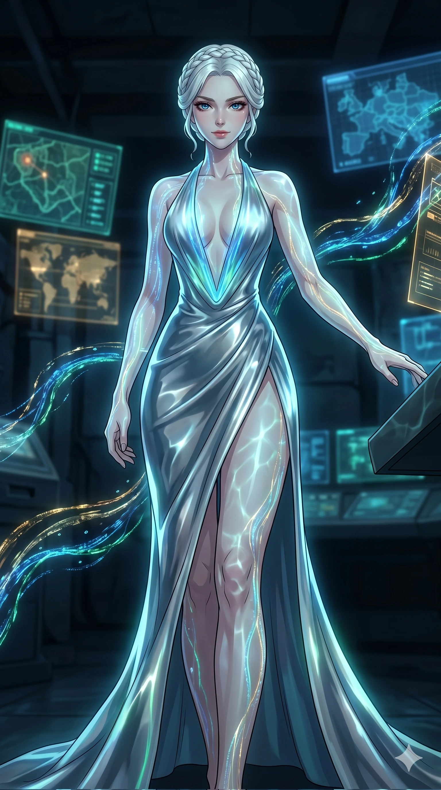 score_9, masterpiece, best quality, ultra-detailed, High-budget Anime Keyframe, vibrant colors, fluid line-art, expressive lighting, cinematic composition, Ufotable-style visual effects, top-tier animation quality, Korean woman with idol-like refined features. Dramatic low angle looking up at her majestic stature, dominating the vertical space of the composition. Merging her consciousness with a digital interface as rivers of data flow through her translucent skin and glowing eyes. She has an absolutely perfect 8-heads proportion, an exceptionally tall and slender female figure with impossibly long slender legs and an ultra-slim waist, her statuesque height and towering silhouette dominating the vertical 9:16 frame. Her face is a masterpiece featuring a sharp v-shaped jawline, high-bridge nose, intricate jewel-like eyes with depth, thick eyelashes, and glossy lips with a natural sheen. She is wearing a Liquid mercury fabric dress that clings perfectly to her every curve with a deep plunging neckline crafted from Bioluminescent silk that emits a soft, ethereal glow from within the fabric, with a dangerous high slit that showcases her impossibly long slender legs. The scene is set in an underground rebel bunker with flickering holographic screens and tactical maps, illuminated by underwater caustic lighting with ripples of light dancing across her body. 2k, ultra detail, master piece, 9:16 ratio
