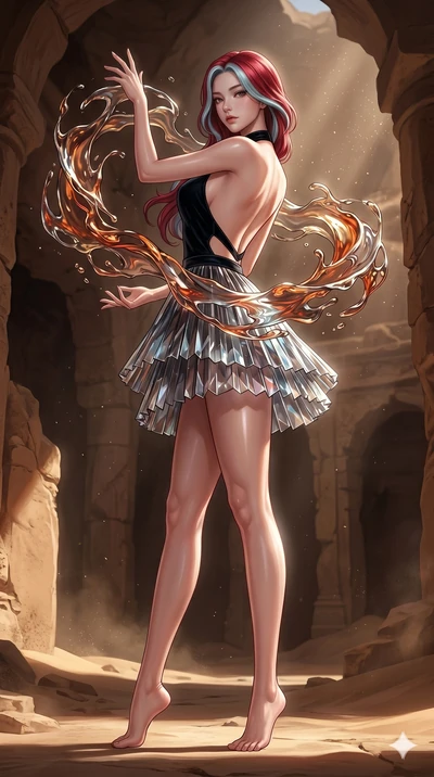 score_9, masterpiece, best quality, ultra-detailed, high-budget anime keyframe, Korean woman. low angle full-body shot filling the entire 9:16 frame with her statuesque presence, stretching the vertical silhouette. interacting with liquid stained-gla