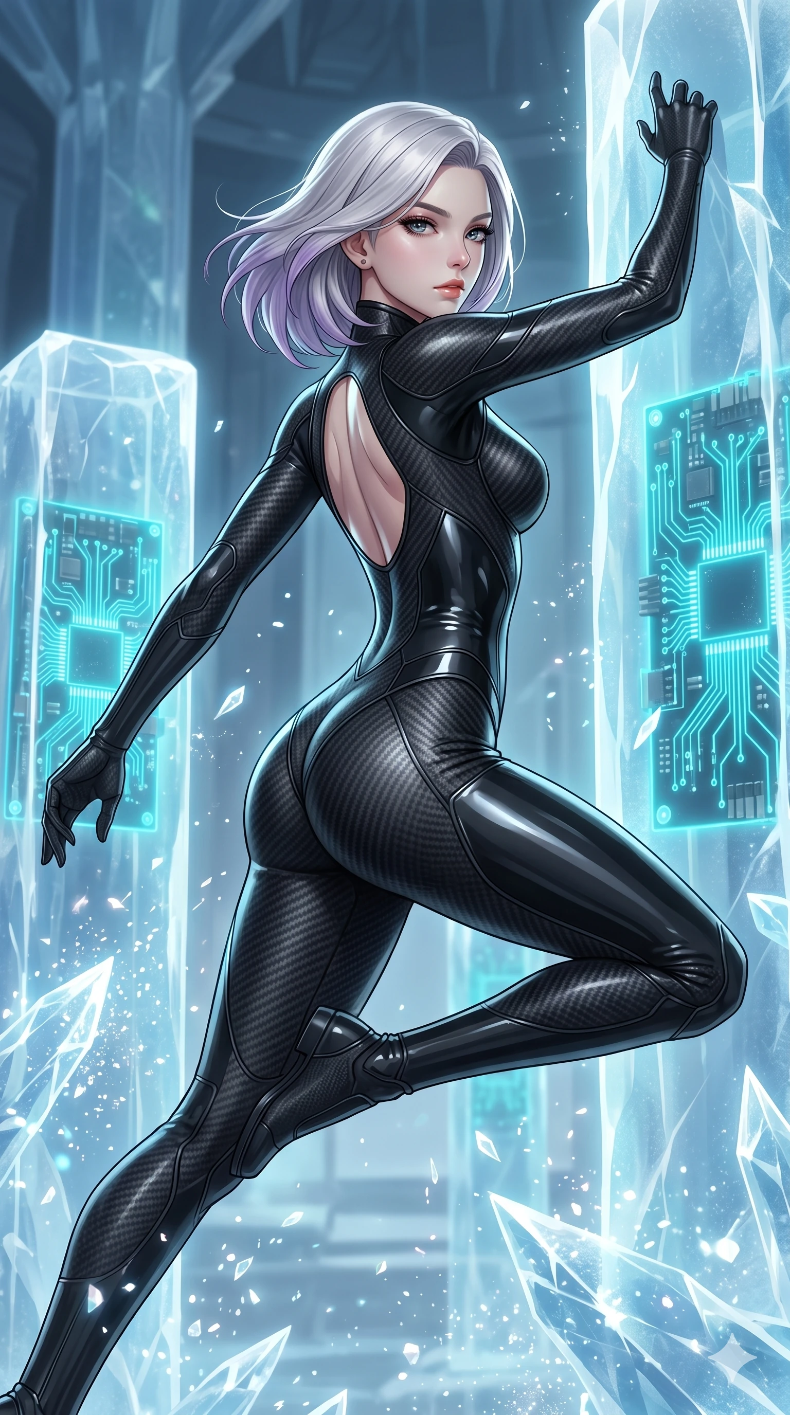 score_9, masterpiece, best quality, ultra-detailed, high-budget anime keyframe, Caucasian woman, strictly human ears. upper body close-up from the thighs up, character filling the screen for maximum presence. leaping inside a sub-zero cybernetic ice temple, where glowing neon cyan computer circuit boards are frozen within transparent ice pillars, fracturing ice crystals into sparkles around her. She has an absolutely perfect 8-heads proportion, an exceptionally tall and slender female figure with impossibly long slender legs and an ultra-slim waist. V-shaped jawline, high-bridge nose, intricate jewel-like eyes with depth, thick eyelashes, glossy lips with a natural sheen.. wearing a second-skin carbon fiber combat suit, featuring matte carbon fiber and glossy latex panels with elegant slitted cutouts on the upper back. lit by a soft glowing ambient light and a sharp side key light that traces the sleek contours of her athletic build. 2k, ultra detail, master piece, 9:16 ratio