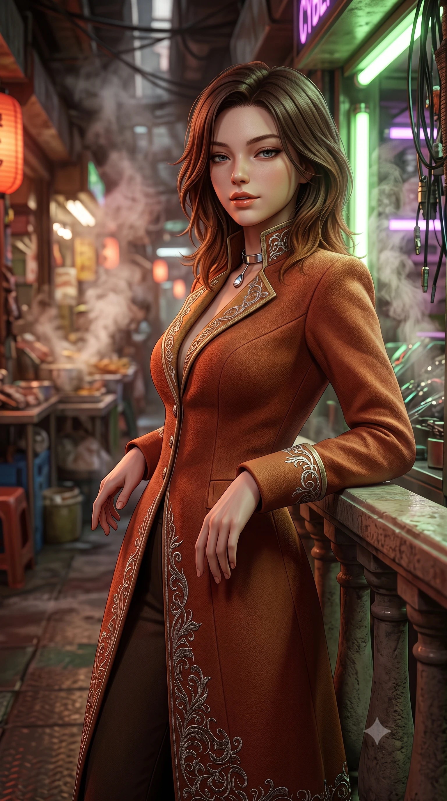 score_9, masterpiece, best quality, ultra-detailed, high-budget anime keyframe, semi-realistic 3D game render, editorial fashion photography, tasteful artistic composition, Korean woman. close-up cowboy shot from the waist and thighs up, the character dominates the composition, filling the frame with her large presence. leaning back against the balustrade with relaxed seductive grace, head tilted back slightly while casting a hypnotic, heavy-lidded gaze while leaning against the illuminated cyberware merchant stall with hips cocked back, looking through rising steam plumes with dangerous bedroom-eyes. The background shows a soft-focus swirling aromatic food steam softened in subterranean market alley shallow focus. She has an exceptionally elegant, slender, and willowy female figure with an ultra-slim waist, flat toned midriff, narrow ribcage, and sculpted feminine hips creating an alluring, slim hourglass silhouette without bulk. sharp v-shaped jawline, high-bridge nose, intricate jewel-like sparkling eyes with depth, thick eyelashes, glossy parted lips with a natural peach sheen, bright cheerful beaming smile with an enchanting and coquettish sensual glint, exuding both youthful cute charm and seductive allure, flawlessly proportioned anatomical accuracy, strict slender model proportions, natural body alignment, perfectly sculpted long slender limbs, ultra-slim waistline, clean dynamic posture without body distortion. wearing an aristocratic deep-space admiral longcoat with silver filigree embroidery along the hem and high structured collar in Martian desert terracotta and dust-storm gold, crafted from bespoke double-faced cashmere with an exceptionally soft tactile finish, finished with a minimalist chrome choker and a single teardrop diamond pendant, the bespoke structured tailoring following the natural line of her 8.5-heads silhouette with refined elegance. bathed in warm 2200K crimson lantern light combined with vibrant green and ultraviolet market stall tube lights. highly saturated vibrant anime colors, detailed shading with soft gradients, rich glossy textures, high-contrast stereoscopic depth, volumetric dynamic lighting, master piece, 9:16 ratio