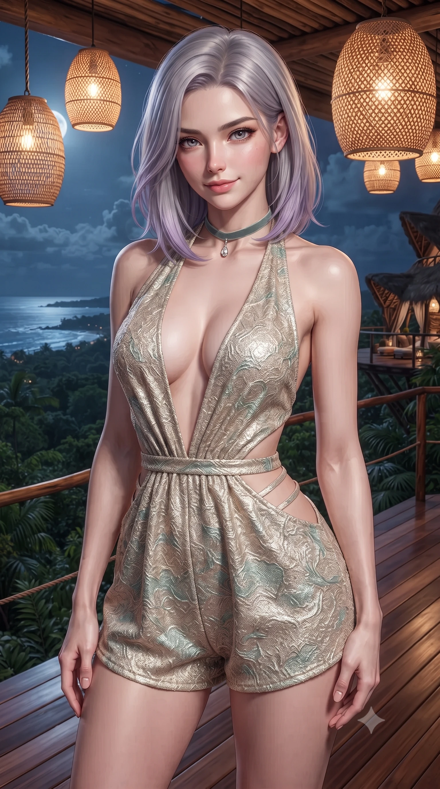 score_9, masterpiece, best quality, ultra-detailed, high-budget anime keyframe, editorial fashion photography, tasteful artistic composition, Caucasian woman. close-up cowboy shot from the waist and thighs up, the character dominates the composition, filling the frame with her large presence. tilting her head with a teasing half-smile, running one hand slowly down the side of her hip in a flirtatious S-curve as ambient light caresses her silhouette while standing poised on the polished zapote hardwood deck suspended 40 feet above the jungle canopy, arching her spine with effortless supermodel poise as nocturnal ocean breezes whisper. The surrounding environment is rendered in vivid detail and crisp panoramic clarity: detailed outfit texture, delicate trims, and sustainable avant-garde Tulum architecture in high resolution. She has an exceptionally elegant, slender, and willowy female figure with an ultra-slim waist, flat toned midriff, narrow ribcage, and sculpted feminine hips creating an alluring, slim hourglass silhouette without bulk. sharp v-shaped jawline, high-bridge nose, intricate jewel-like sparkling eyes with depth, thick eyelashes, glossy parted lips with a natural peach sheen, bright cheerful beaming smile with an enchanting and coquettish sensual glint, exuding both youthful cute charm and seductive allure, flawlessly proportioned anatomical accuracy, strict slender model proportions, natural body alignment, perfectly sculpted long slender limbs, ultra-slim waistline, clean dynamic posture without body distortion. wearing a daring low-cut halterneck romper with exposed midriff and strappy hip cutouts in Deauville Belle Époque champagne luster and seafoam pearl, woven from stretch metallic lurex jersey casting radiant starlight glints across her curves, finished with a thin velvet ribbon choker and a single teardrop diamond pendant, the bespoke structured tailoring following the natural line of her 8.5-heads silhouette with refined elegance. bathed in the warm radiant 2400K illumination of hanging woven rattan lanterns mixed with cool Caribbean moonlight. ultra-reflective glossy finish, specular highlights, rich textural contrasts, high-contrast stereoscopic depth, volumetric dynamic lighting, 2k, ultra detail, master piece, 9:16 ratio