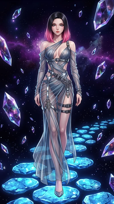 score_9, masterpiece, best quality, ultra-detailed, High-budget Anime Keyframe, East Asian woman. Low angle cowboy shot filling the entire 9:16 frame with her statuesque presence. Scenario 346: stepping across glowing azure stones in a dark void fill