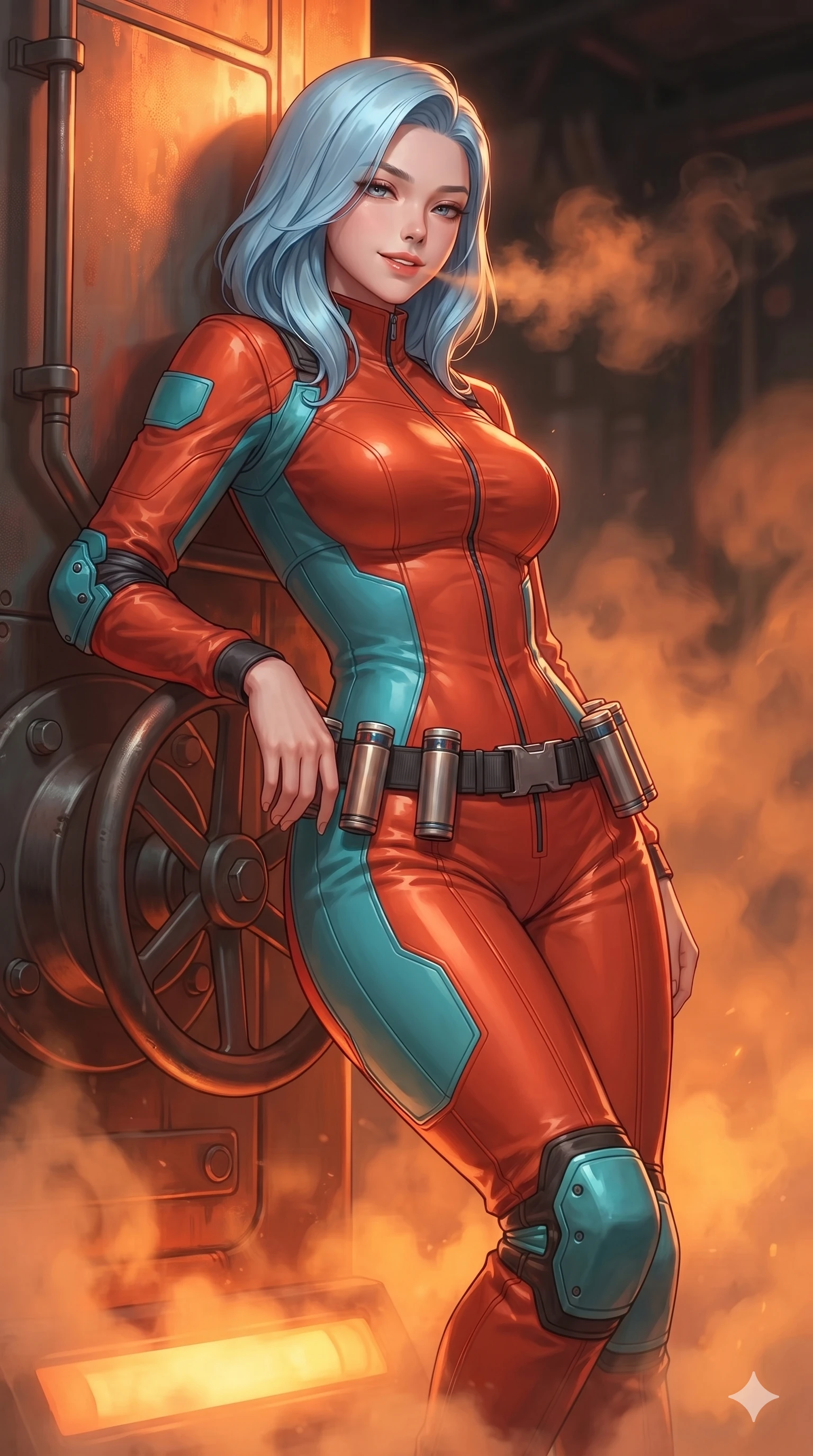 score_9, masterpiece, best quality, ultra-detailed, high-budget anime keyframe, editorial fashion photography, tasteful artistic composition, Korean woman. close-up cowboy shot from the waist and thighs up, the character dominates the composition, filling the frame with her large presence. leaning back against the glowing maintenance bulkhead with relaxed seductive grace, her flat midriff and narrow waist highlighted as laser ambient light traces her curves while leaning against the heavy industrial bulkhead valve wheel with hips cocked back, looking through swirling orange steam clouds with heavy-lidded smoldering bedroom-eyes. The background shows a soft-focus molten thermal mist softened in subterranean geothermal core shallow focus. She has an exceptionally elegant, slender, and willowy female figure with an ultra-slim waist, flat toned midriff, narrow ribcage, and sculpted feminine hips creating an alluring, slim hourglass silhouette without bulk. sharp v-shaped jawline, high-bridge nose, intricate jewel-like sparkling eyes with depth, thick eyelashes, glossy parted lips with a natural sheen, bright confident smile with an enchanting and coquettish sensual glint, exuding both youthful magnetic charm and sovereign high-tech allure, flawlessly proportioned anatomical accuracy, strict slender model proportions, natural body alignment, perfectly sculpted long slender limbs, ultra-slim waistline, clean dynamic posture without body distortion. wearing a high-neck tactical reconnaissance jumpsuit with reinforced knee and elbow articulation guards in cyber-shinto vermilion and laser turquoise, made of flexible bullet-resistant ballistic microfiber with high-tensile strength, accented with a sleek utility belt with polished magnetic canisters resting loosely on her curvy hips, the bespoke structured tailoring following the natural line of her 8.5-heads silhouette with refined elegance. illuminated by floor warning lights and sharp copper rim lighting sculpting her razor-sharp jawline, narrow waist, and curvy hips. ultra-reflective glossy finish, specular highlights, rich textural contrasts, high-contrast stereoscopic depth, volumetric dynamic lighting, 2k, ultra detail, master piece, 9:16 ratio
