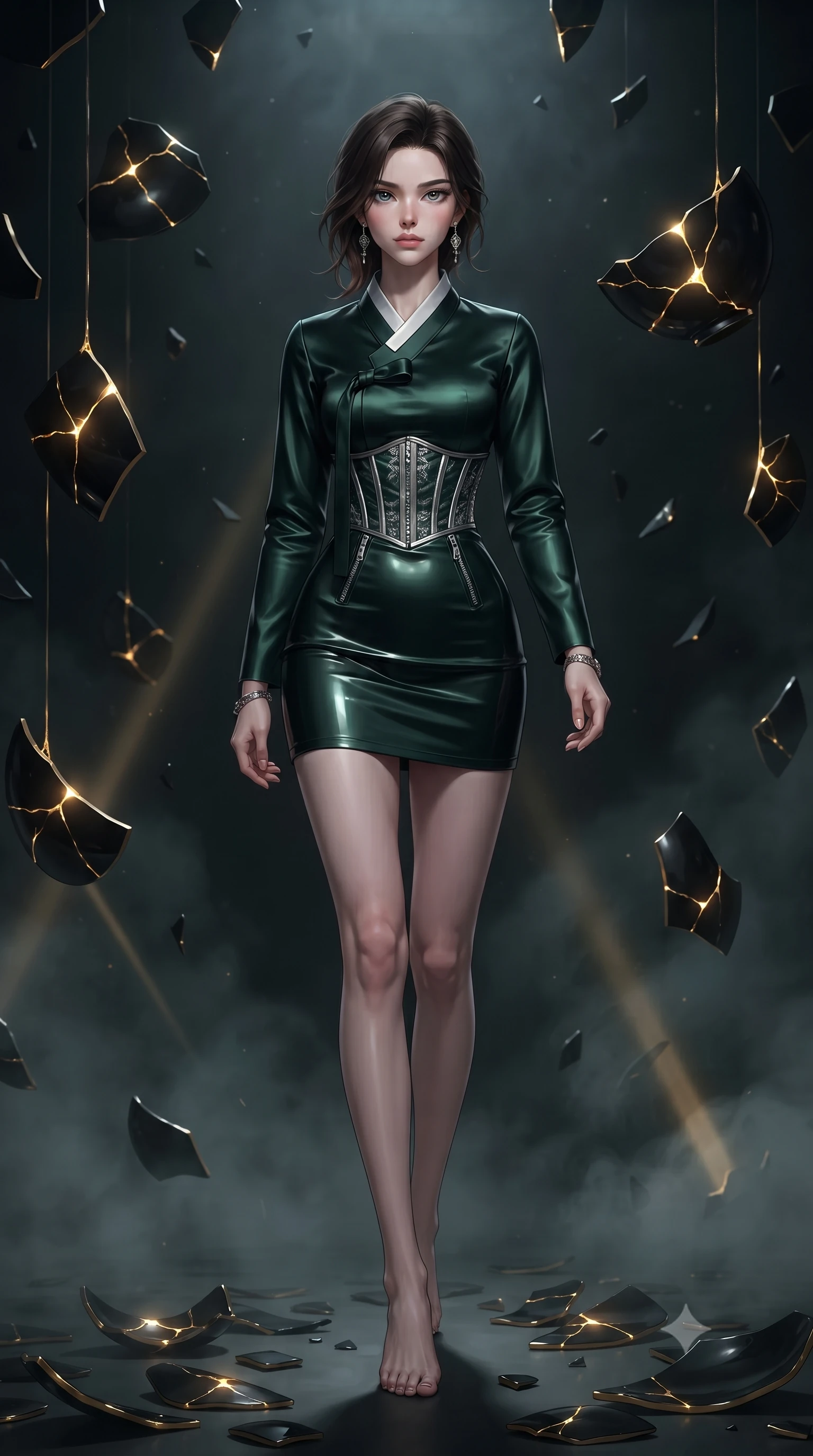 score_9, masterpiece, best quality, ultra-detailed, high-budget anime keyframe, editorial fashion photography, tasteful artistic composition, Korean woman. low angle full-body shot from head to toe showing her feet, filling the entire 9:16 vertical frame with her statuesque presence, stretching her vertical silhouette. forging confidently through the dark atmospheric mist, holding a poised statuesque stance, inside a pitch-black alchemy workshop filled with suspended black porcelain shards, glowing gold kintsugi liquid radiating an intense inner glow from dark porcelain cracks. She has an absolutely perfect, statuesque 8.5-heads proportion, an exceptionally tall and slender model-like female figure with impossibly long slender legs and an ultra-slim waist. sharp v-shaped jawline, high-bridge nose, intricate jewel-like eyes with depth, thick eyelashes, glossy lips with a natural sheen. wearing modern fusion dark hanbok dress with structured obsidian bodice in deep emerald green, made of soft dark satin, finished with metallic silver boning and sleek zipper points, the fitted fabric emphasizing her ultra-slim waist. illuminated by brilliant golden kintsugi glow radiating from black porcelain cracks. ultra-reflective glossy finish, specular highlights, metallic sheen, high-contrast stereoscopic depth, volumetric dynamic lighting, 2k, ultra detail, master piece, 9:16 ratio