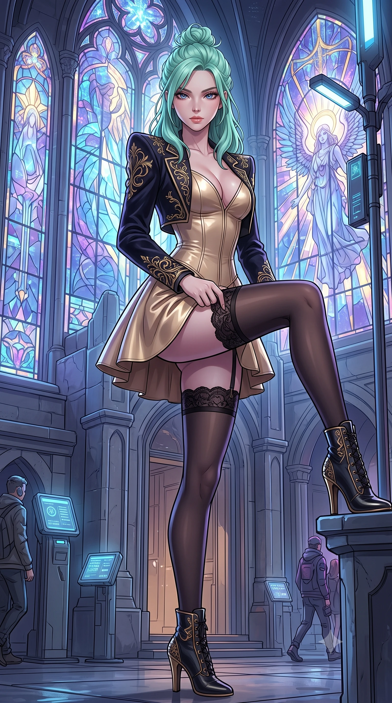 score_9, masterpiece, best quality, ultra-detailed, High-budget Anime Keyframe, East Asian woman. Dynamic full-body shot stretching the vertical silhouette to the limit. Scenario 402: adjusting her thigh-high stocking near a futuristic cathedral with holographic stained-glass windows. Her presence is magnetic and overpowering in this high-budget anime scene. Outfit 402: a body-hugging champagne gold matte vinyl corset dress layered under a structured velvet blazer. The clothing is designed to emphasize her exceptionally tall and slender 8-heads proportion. 8-heads proportion, towering silhouette, ultra-slim waist. sharp v-shaped jawline, intricate jewel-like eyes with depth, thick eyelashes, glossy lips. 2k, ultra detail, master piece, 9:16 ratio