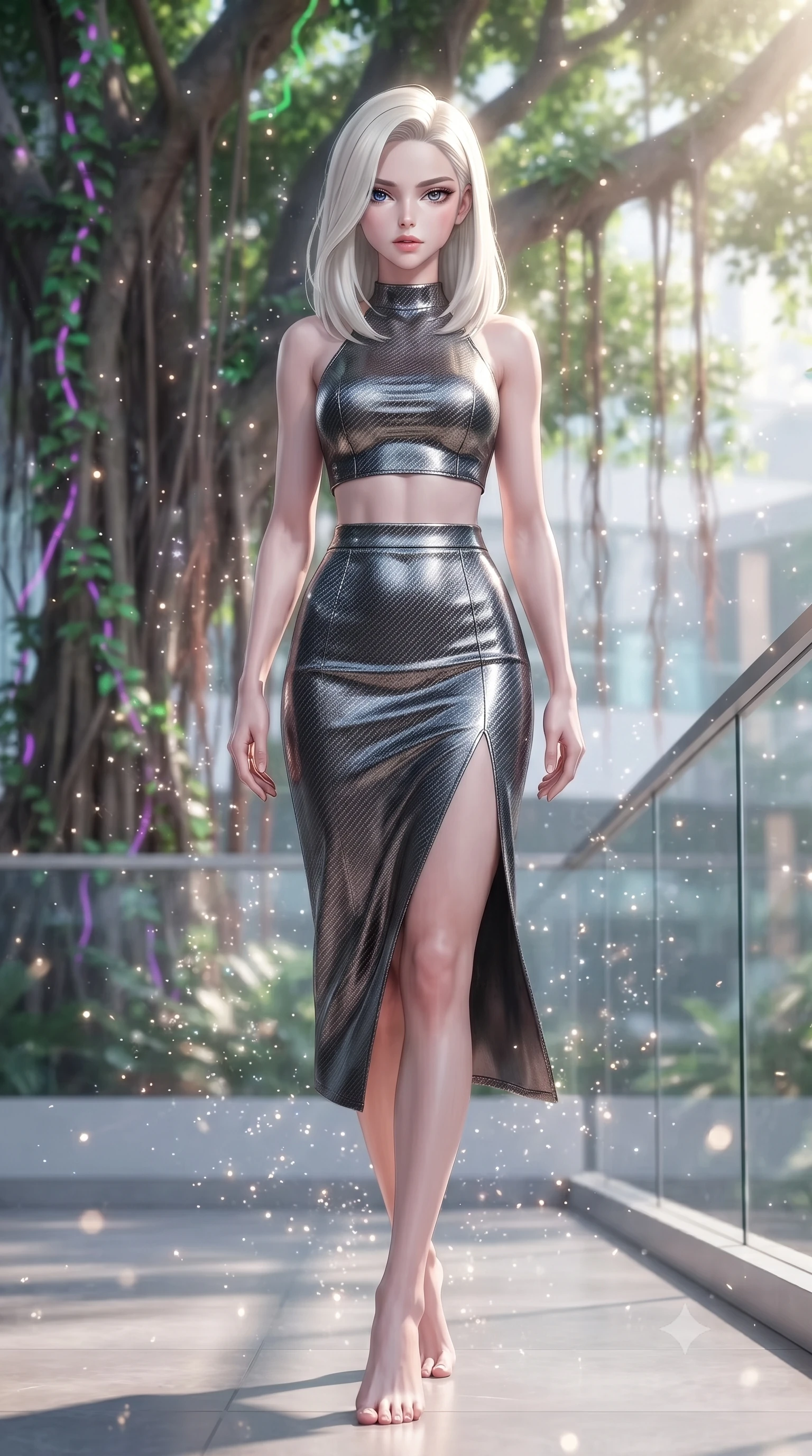 score_9, masterpiece, best quality, ultra-detailed, high-budget anime keyframe, editorial fashion photography, tasteful artistic composition, Caucasian woman. low angle full-body shot from head to toe showing her feet, filling the entire 9:16 vertical frame with her statuesque presence, stretching her vertical silhouette. stepping gracefully through floating stardust particles, her body-contouring suit showing her athletic, slender silhouette, the background shows a soft-focus a banyan tree balcony decorated with climbing neon ivy and glass railings. She has an absolutely perfect, statuesque 8.5-heads proportion, an exceptionally tall and slender model-like female figure with impossibly long slender legs and an ultra-slim waist. sharp v-shaped jawline, high-bridge nose, intricate jewel-like eyes with depth, thick eyelashes, glossy lips with a natural sheen. wearing a tailored carbon-fiber halter-neck crop top paired with a matching high-slit midi skirt, revealing her slim waist. bright morning sun rays creating fresh and energetic shadows on her gear. ultra-reflective glossy finish, specular highlights, metallic sheen, high-contrast stereoscopic depth, volumetric dynamic lighting, 2k, ultra detail, master piece, 9:16 ratio