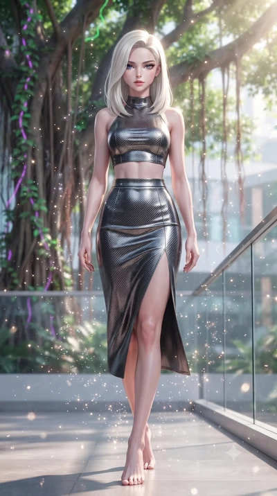 score_9, masterpiece, best quality, ultra-detailed, high-budget anime keyframe, editorial fashion photography, tasteful artistic composition, Caucasian woman. low angle full-body shot from head to toe showing her feet, filling the entire 9:16 vertica