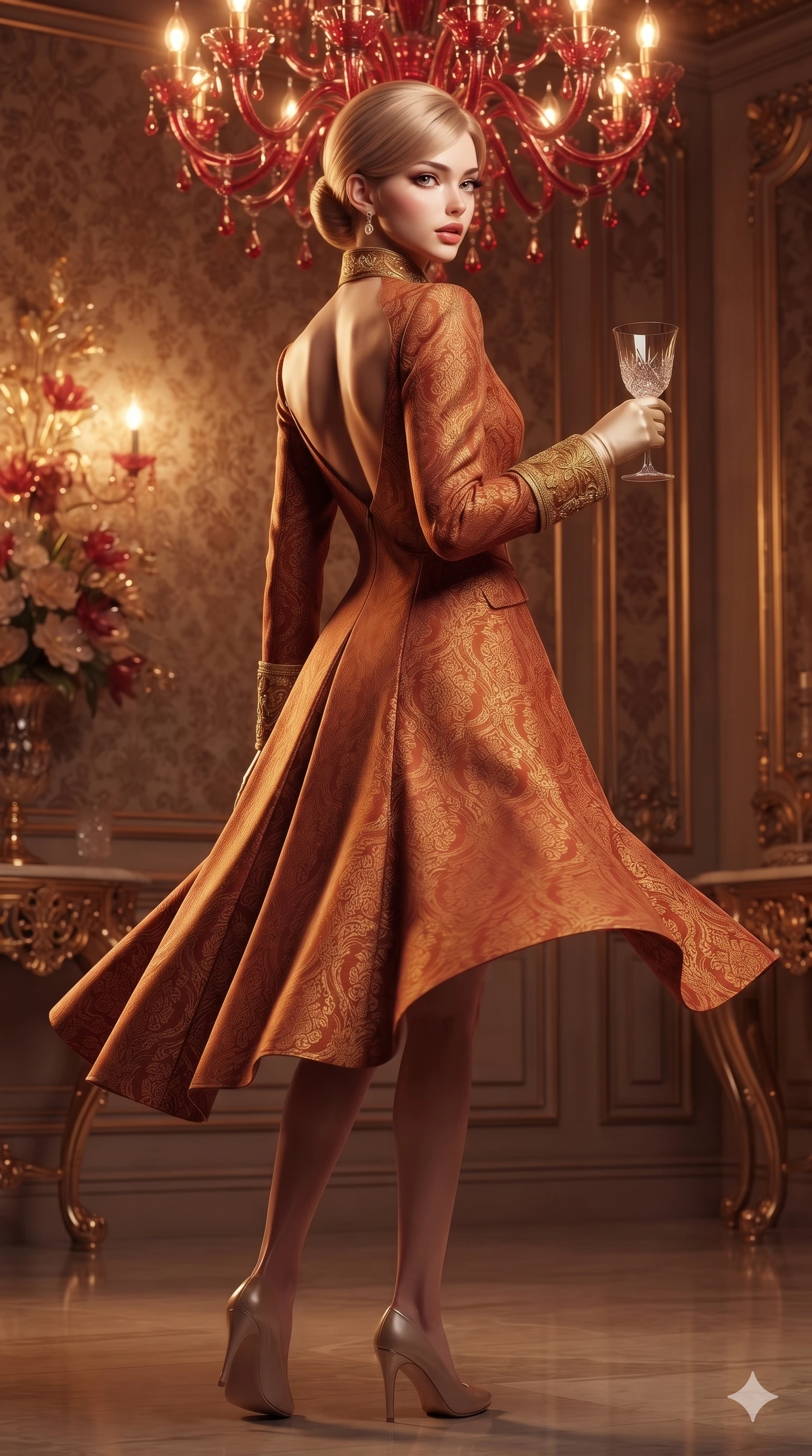 score_9, masterpiece, best quality, ultra-detailed, high-budget anime keyframe, semi-realistic 3D game render, editorial fashion photography, tasteful artistic composition, Japanese woman. low angle full-body shot from head to toe showing her feet, filling the entire 9:16 vertical frame with her statuesque presence, stretching her vertical silhouette. executing a slow, graceful pivot turn as her skirt sways around her slender legs, glancing back with an enchanting, teasing sensual expression while posing in an alluring rear three-quarter angle, looking over a bare shoulder with parted glossy lips as ruby chandelier light traces her spine. The surrounding environment is rendered in vivid detail and crisp panoramic clarity: sharp floral damask fabric weave, hand-blown Murano glass floral petals, and crisp gold-leaf leafing in deep focus. She has an exceptionally tall and slender model-like 8.5-heads proportion, an ultra-slim waist, a flat toned midriff, narrow delicate ribcage, and beautifully sculpted feminine hips creating a graceful, slim hourglass silhouette without any bulky heaviness, with impossibly long slender legs. sharp v-shaped jawline, high-bridge nose, intricate jewel-like eyes with depth, thick eyelashes, glossy parted lips with a natural sheen, intensely captivating and seductive bedroom-eyes expression, flawlessly proportioned anatomical accuracy, strict slender model proportions, natural body alignment, perfectly sculpted long slender limbs, ultra-slim waistline, clean dynamic posture without body distortion. wearing a royal Renaissance brocade ceremonial jacket with standing mandarin collar and gold-embroidered cuffs in warm Tuscan ochre and terracotta sienna, woven from structured carbon-fiber jacquard with rich textural depth, accessorized with opera-length satin gloves and a vintage crystal glass, the bespoke structured tailoring following the natural line of her 8.5-heads silhouette with refined elegance. illuminated by warm 2400K Murano chandelier ruby-amber glow mixed with soft gilded mirror bounce. highly saturated vibrant anime colors, detailed shading with soft gradients, rich glossy textures, high-contrast stereoscopic depth, volumetric dynamic lighting, master piece, 9:16 ratio